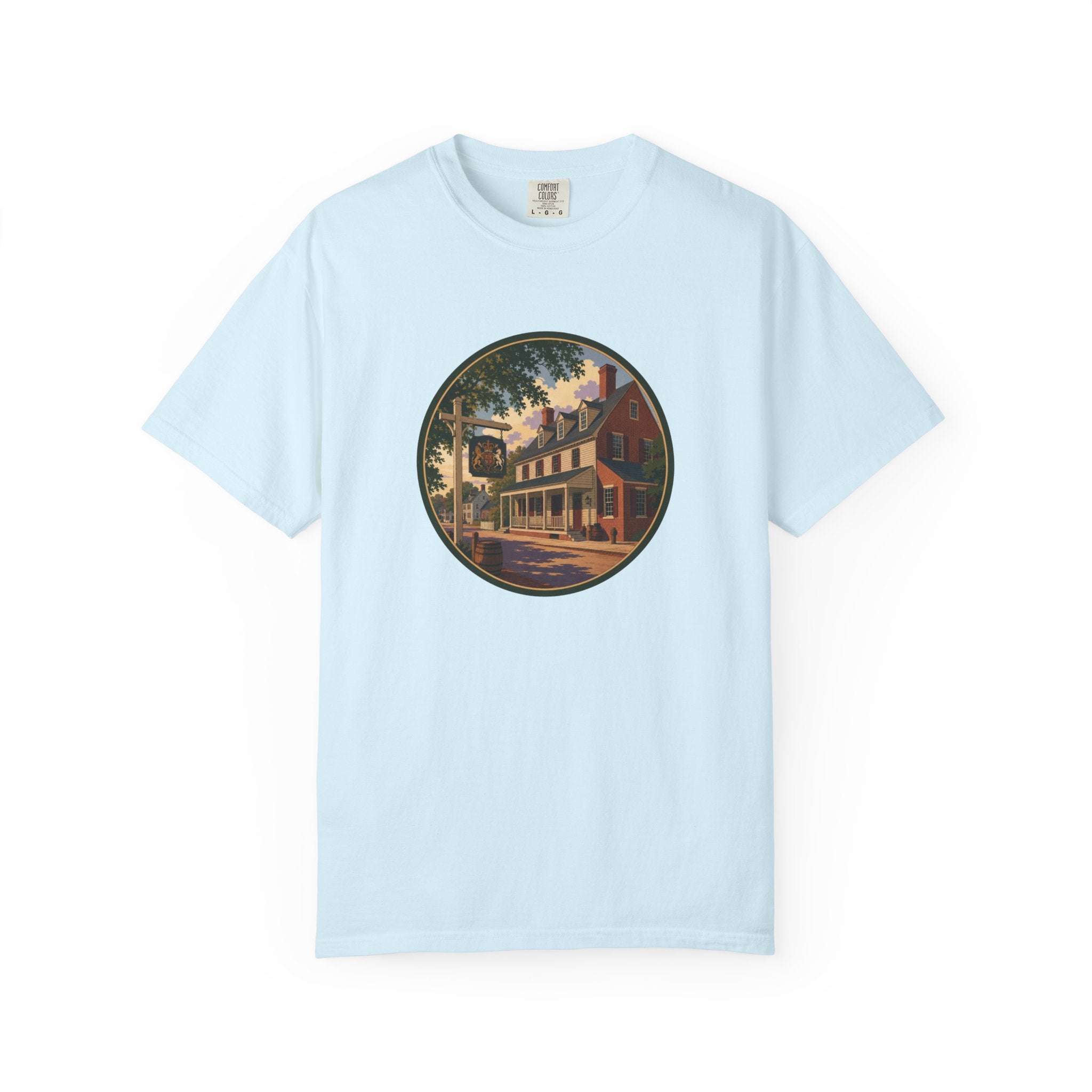 Historic Main Street Tavern T-Shirt — Colonial Village Scene Tee