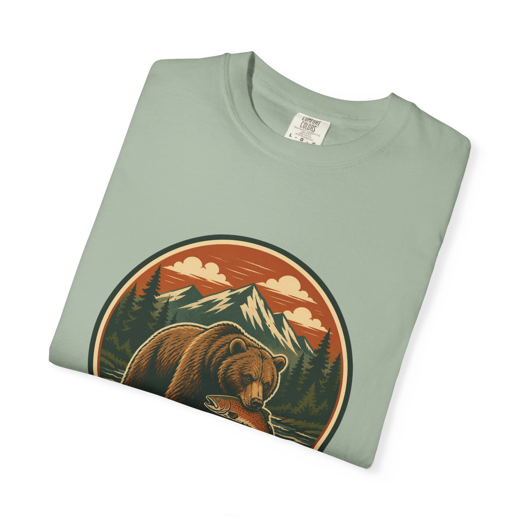 Bear Fishing Mountain T-Shirt — Retro Wilderness Outdoor Graphic Tee