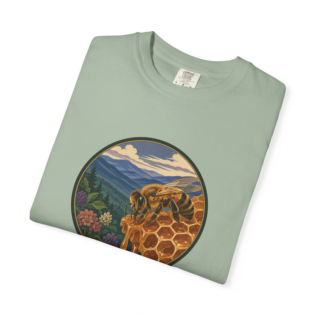 Honey Bee & Mountains Graphic T-Shirt — Honeycomb Nature Illustration