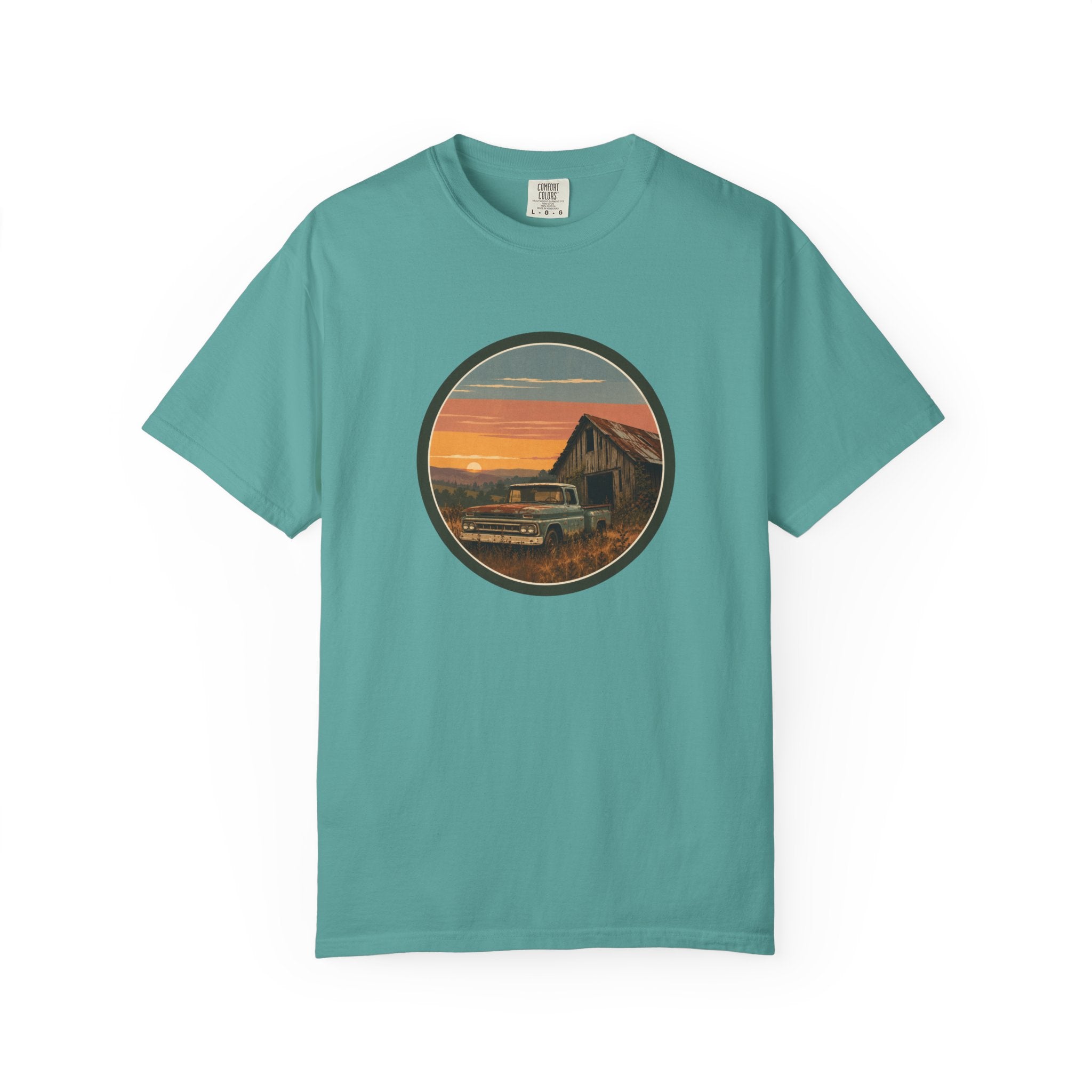 Vintage Sunset Barn T-Shirt — Retro Truck Farm Scene
