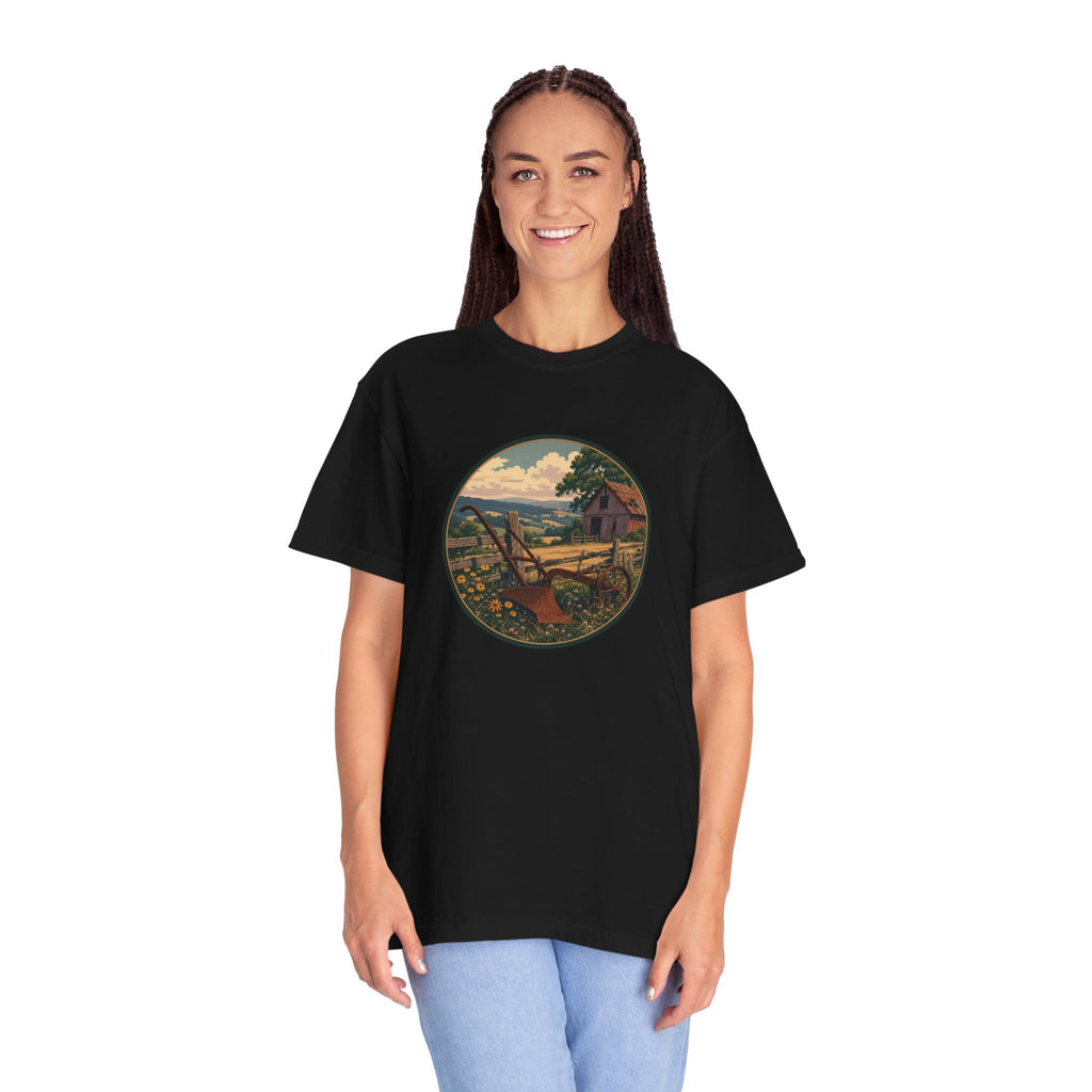 Vintage Countryside T-Shirt — Scenic Farm Landscape Graphic
