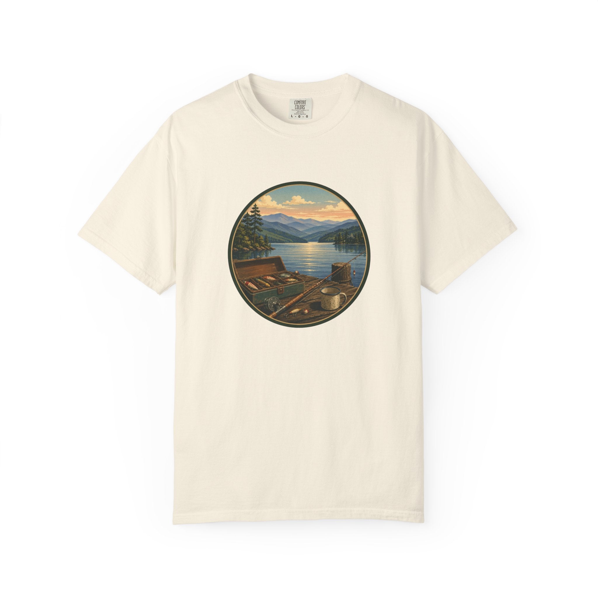 Vintage Fishing Tackle T-Shirt — Mountain View Dock Scene Tee