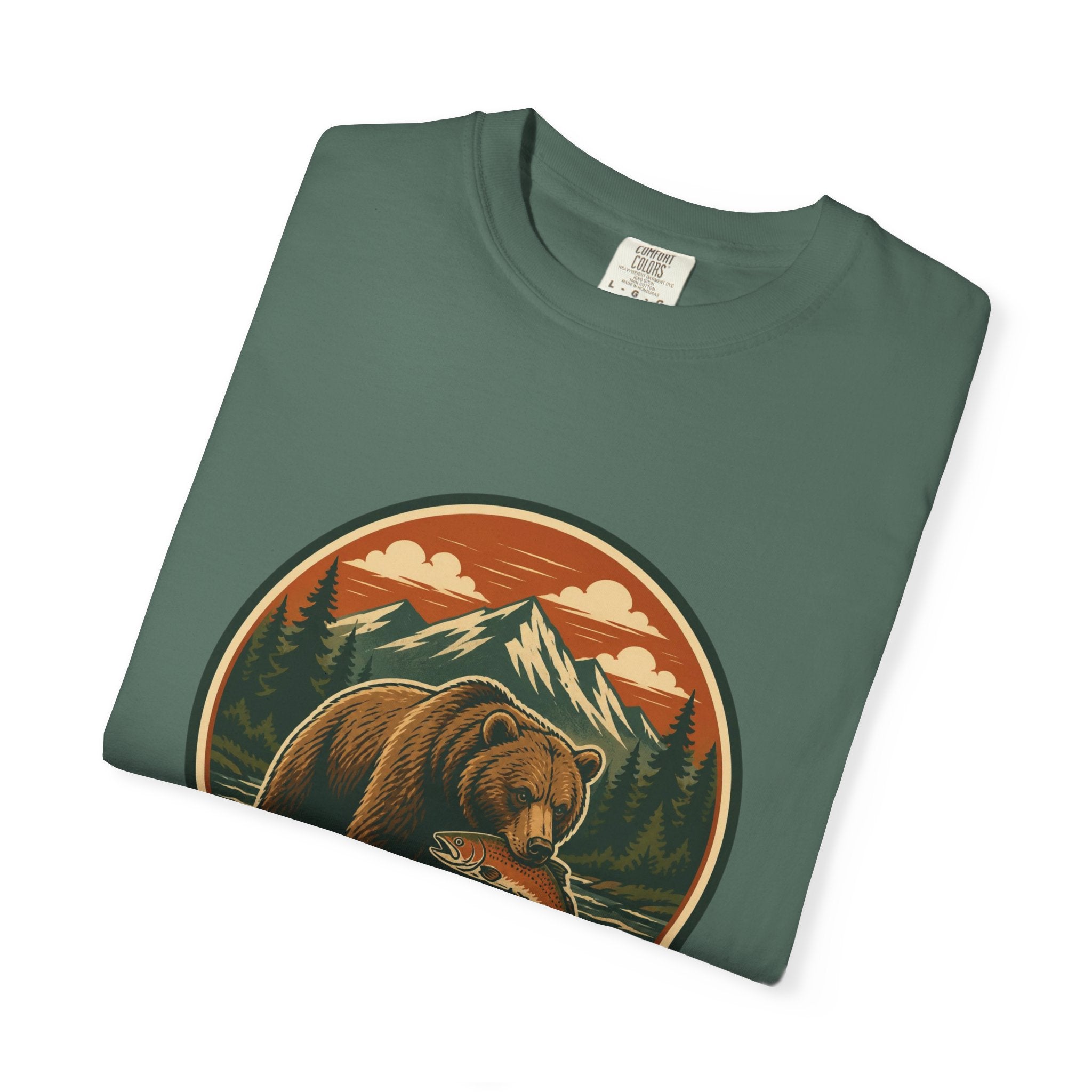 Bear Fishing Mountain T-Shirt — Retro Wilderness Outdoor Graphic Tee