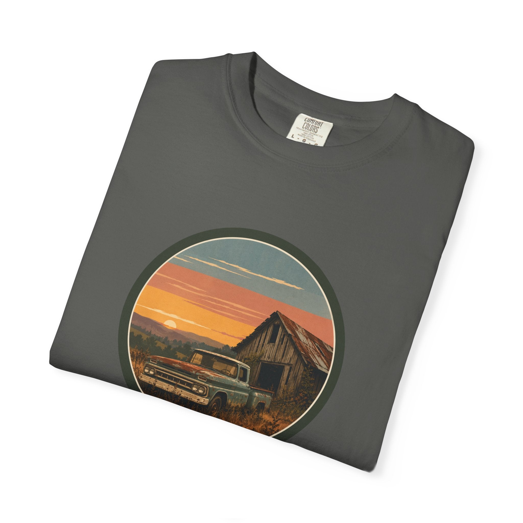 Vintage Sunset Barn T-Shirt — Retro Truck Farm Scene