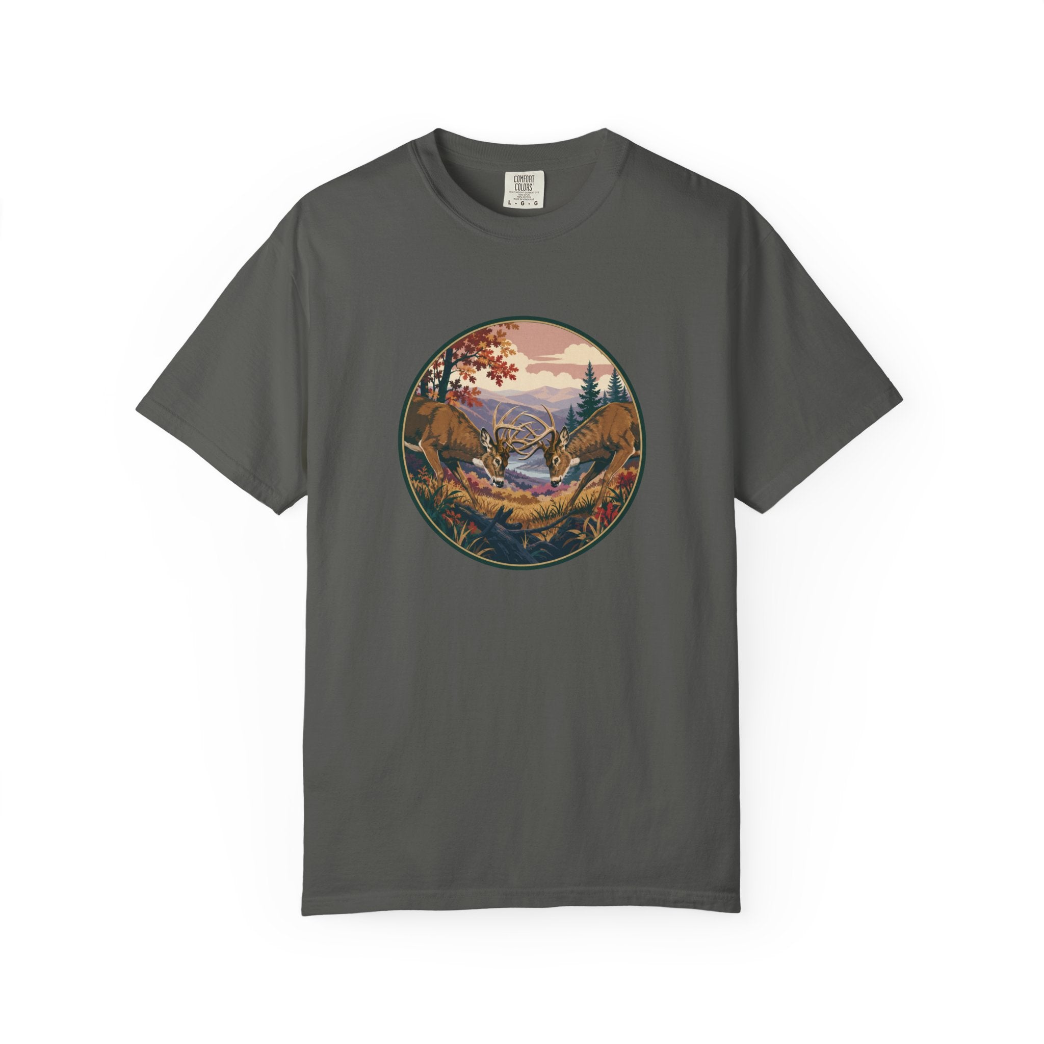 Scenic Wilderness Circle T-Shirt — Mountain Camping & Deer Nature Graphic