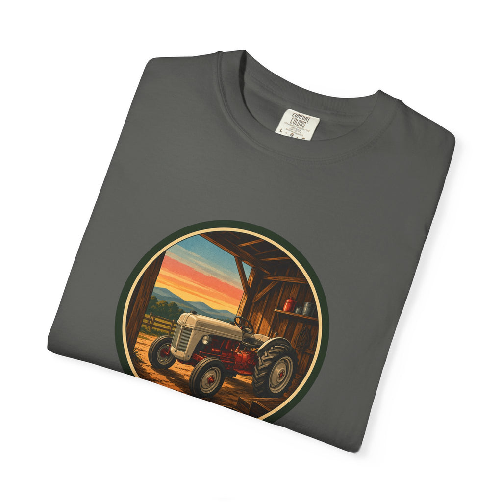 Vintage Tractor Circle T-Shirt — Rustic Farmstead Sunset Tee