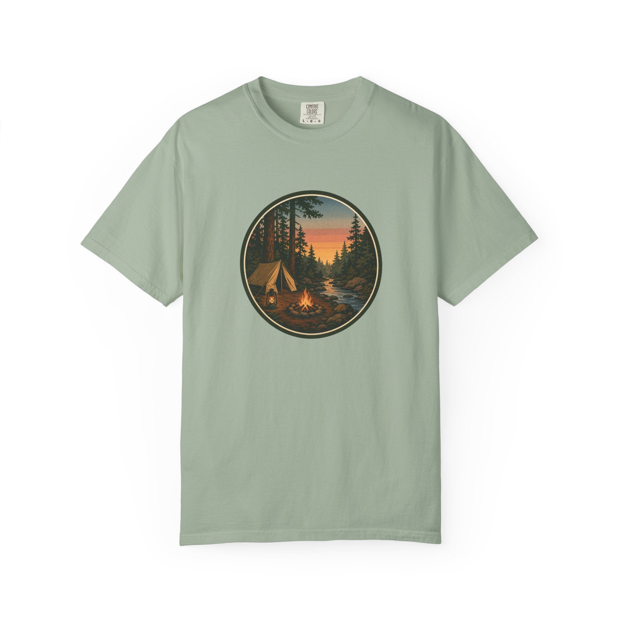 Camping Sunset T-Shirt — Vintage Tent & Campfire Graphic