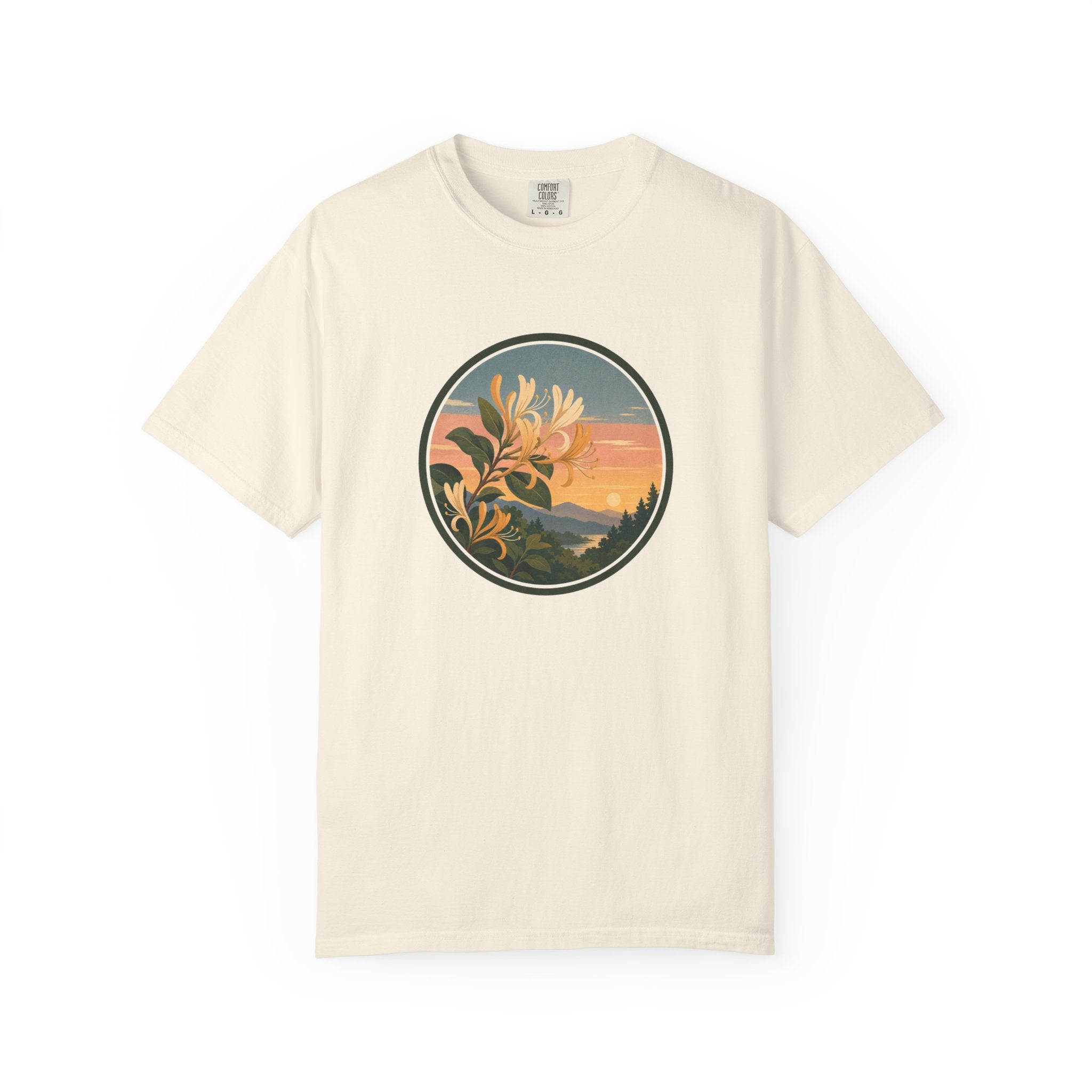 Sunset Honeysuckle T-Shirt — Floral Sunset Circle Graphic Tee