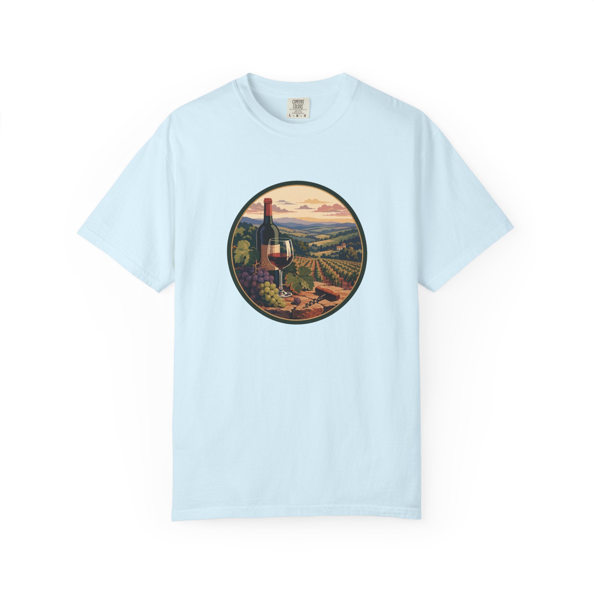 Wine Country Scenic T-Shirt – Vineyard Bottle & Sunset Graphic
