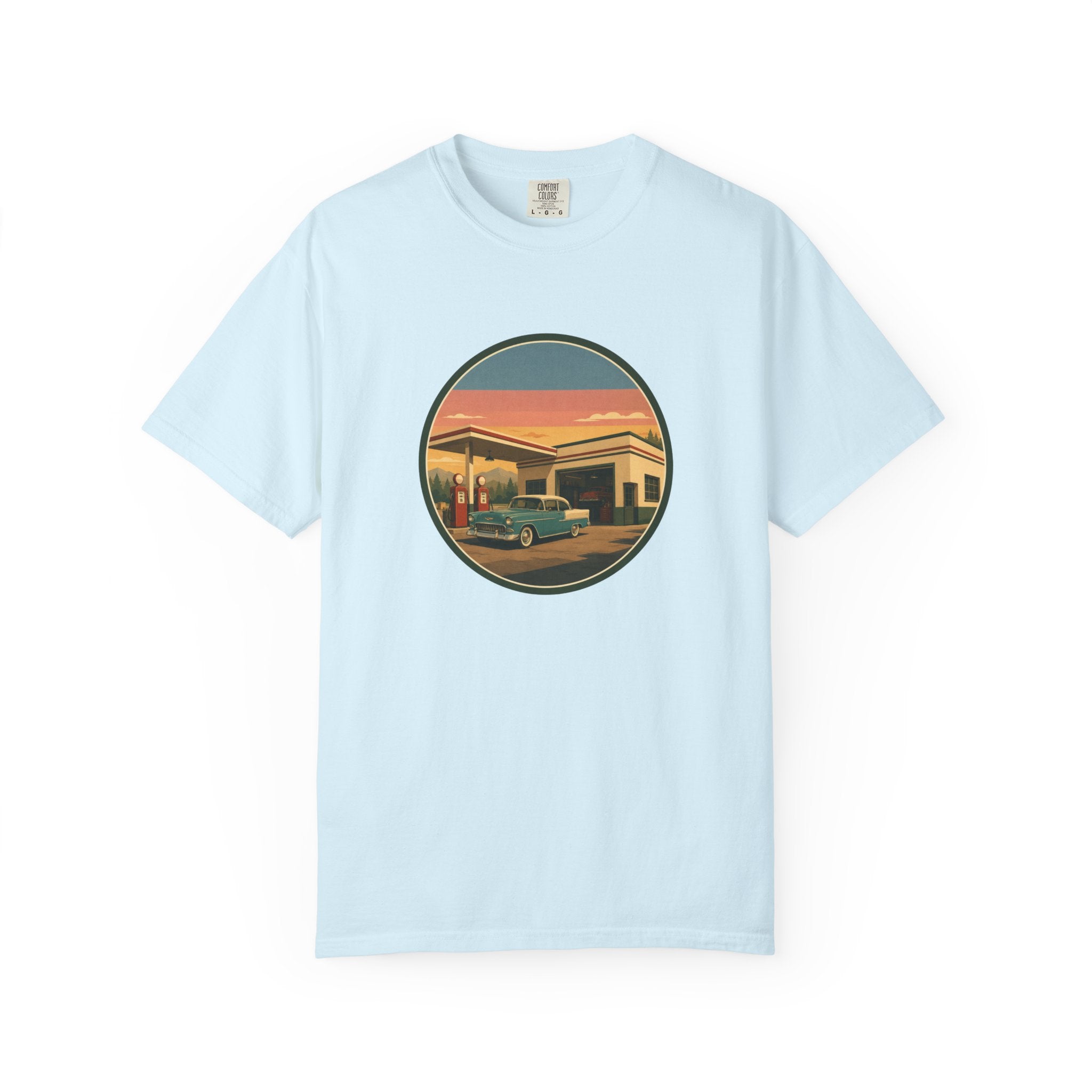 Retro Gas Station T-Shirt — Vintage Sunset Roadside Design