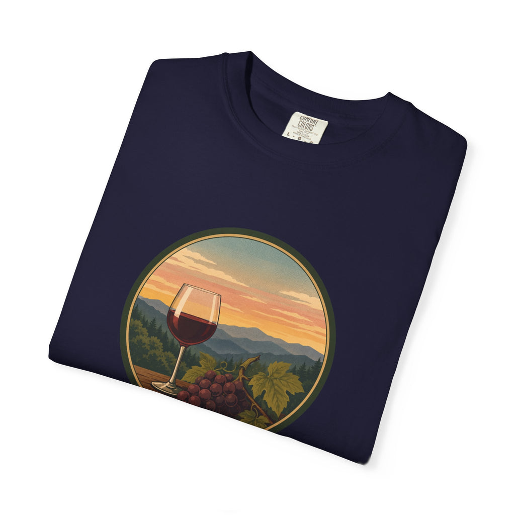 Wine Sunset T-Shirt — Vineyard Glass & Grapes Scenic Tee