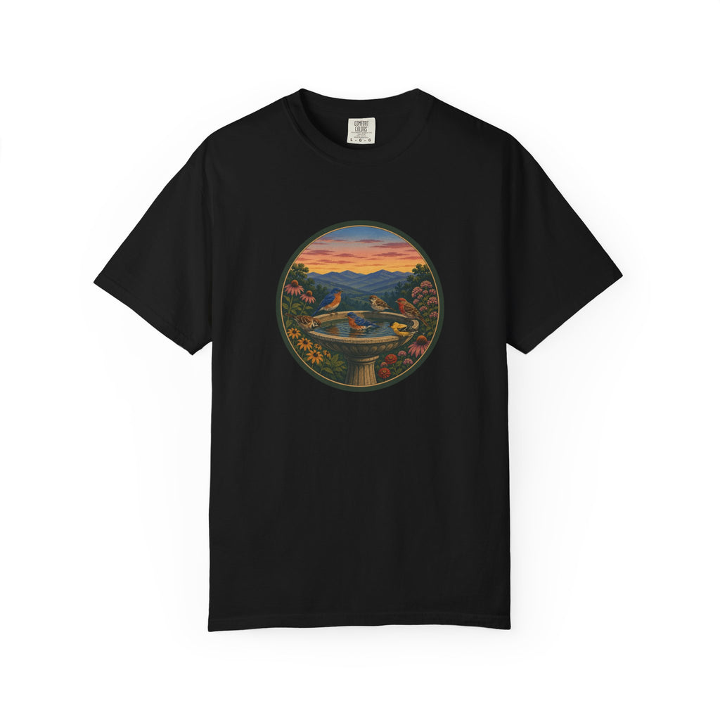 Sunset Garden Tee — Vintage Birdbath Landscape T-Shirt