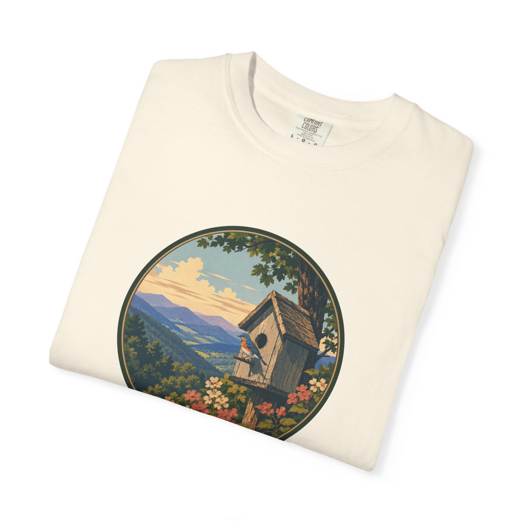 Scenic Birdhouse Tee — Mountain Sunrise Nature T-Shirt
