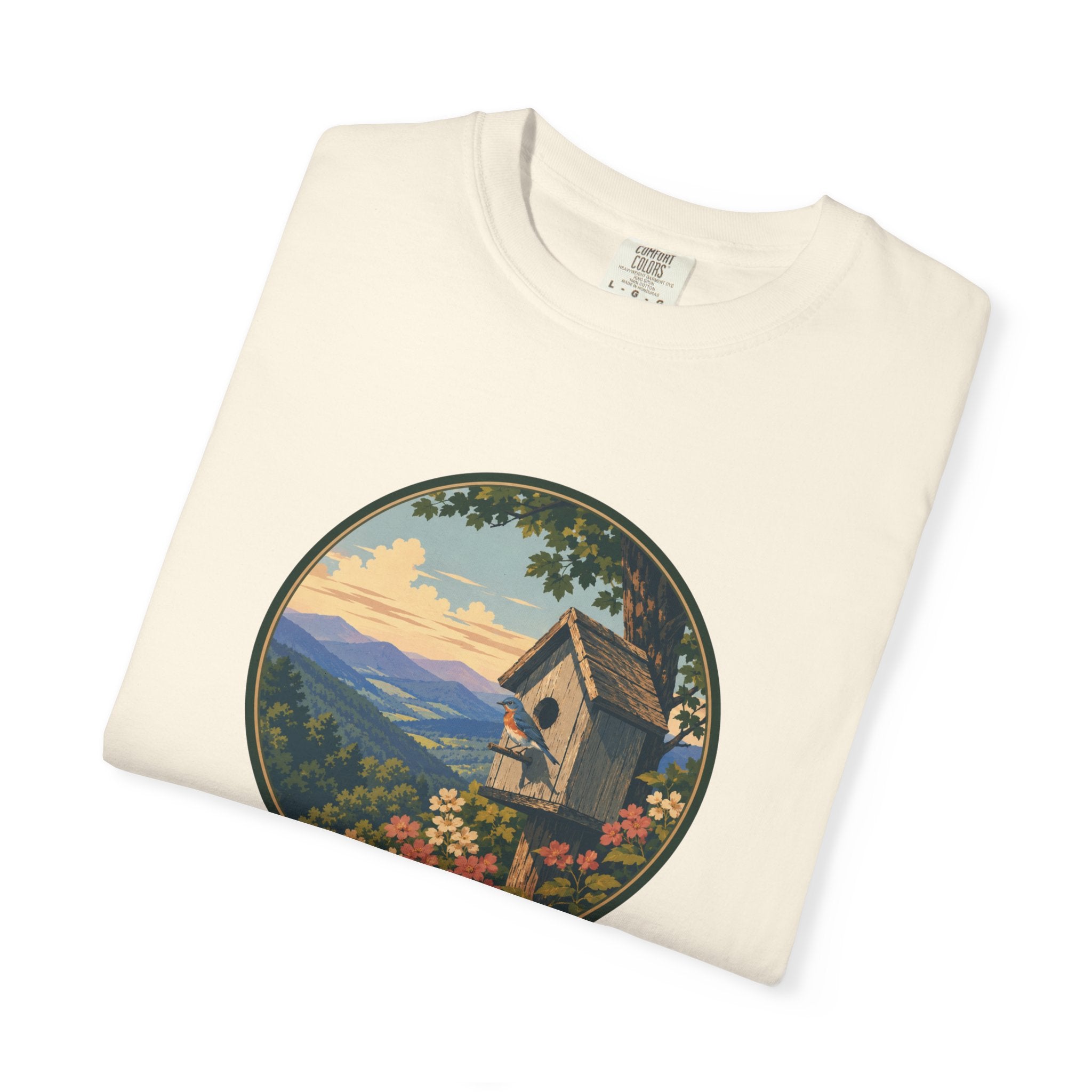 Scenic Birdhouse Tee — Mountain Sunrise Nature T-Shirt