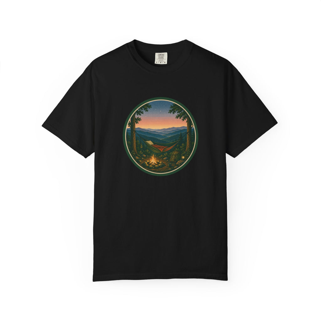 Campfire Mountain Sunset T-Shirt — Scenic Hiking Adventure Tee