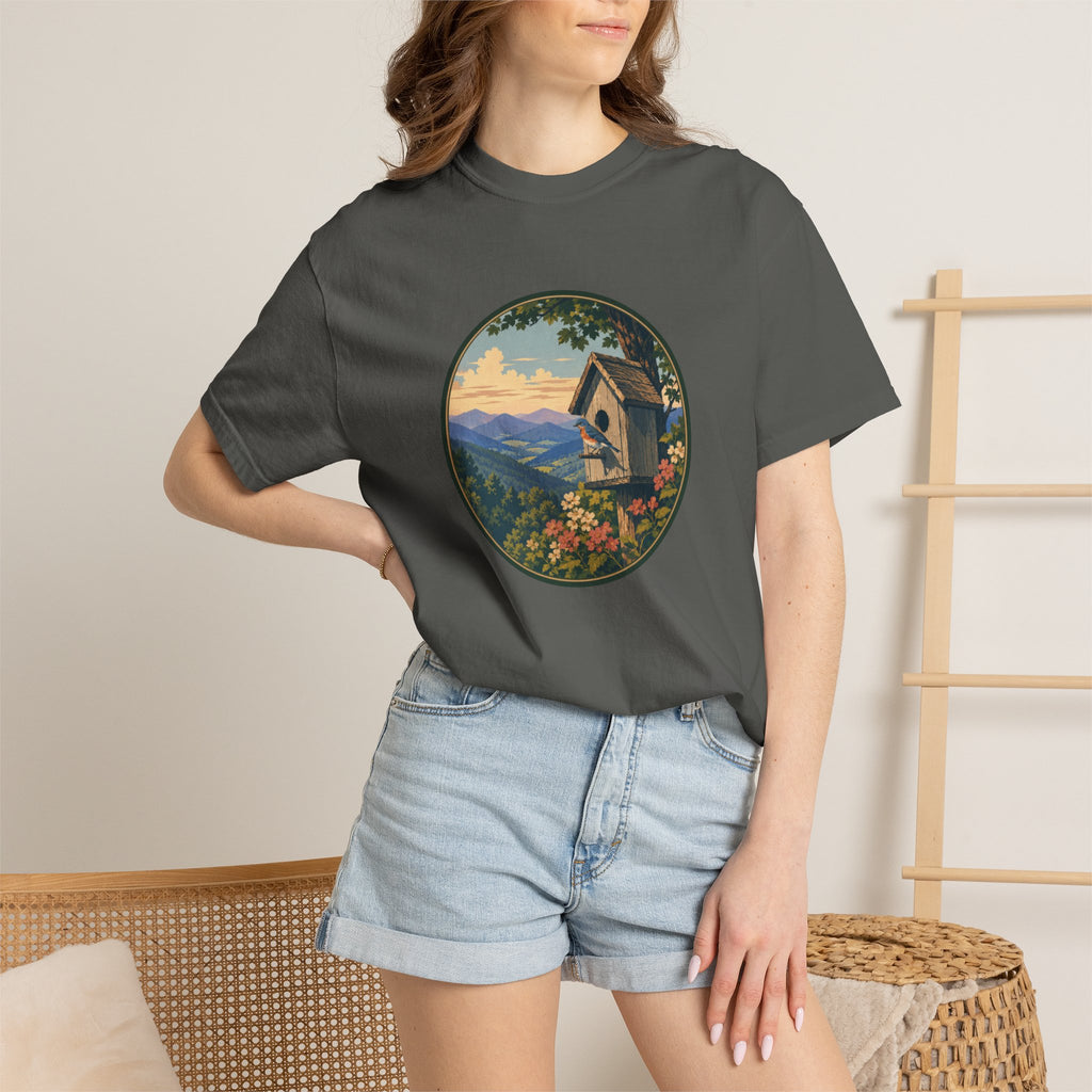Scenic Birdhouse Tee — Mountain Sunrise Nature T-Shirt