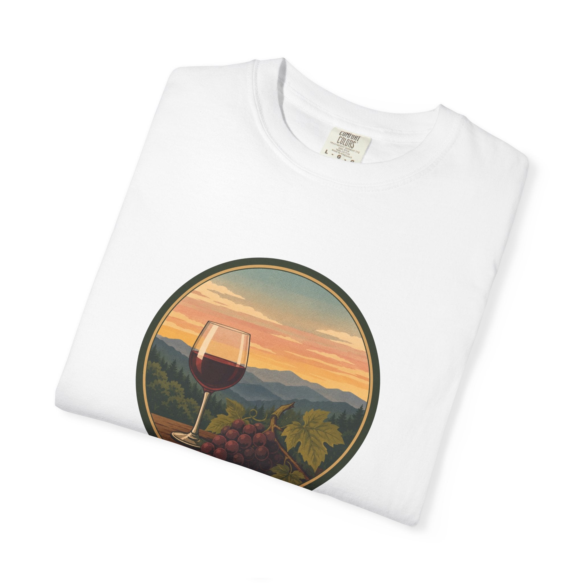 Wine Sunset T-Shirt — Vineyard Glass & Grapes Scenic Tee