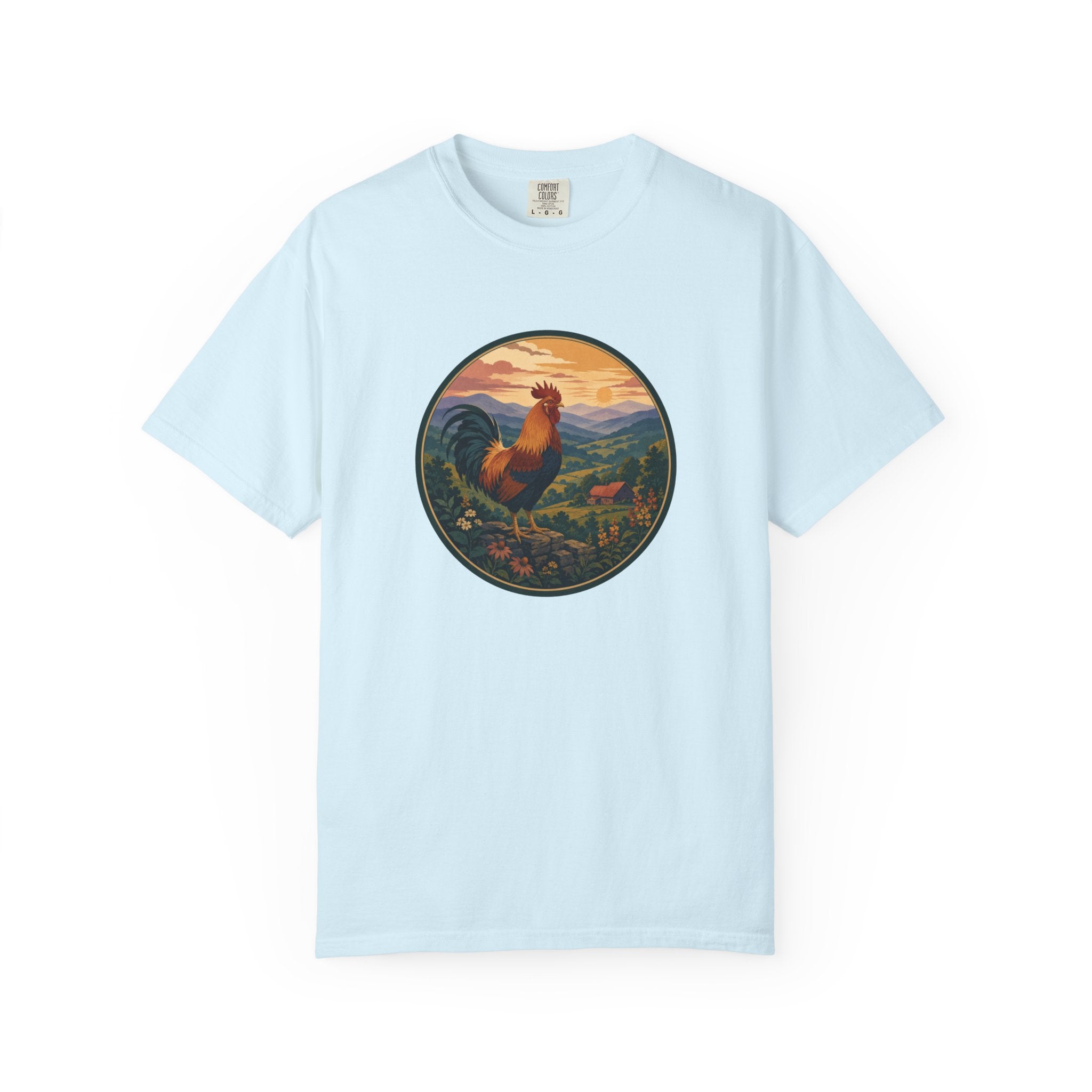 Blue Ridge Rooster Sunrise T-Shirt — Vintage Farm Scene Tee