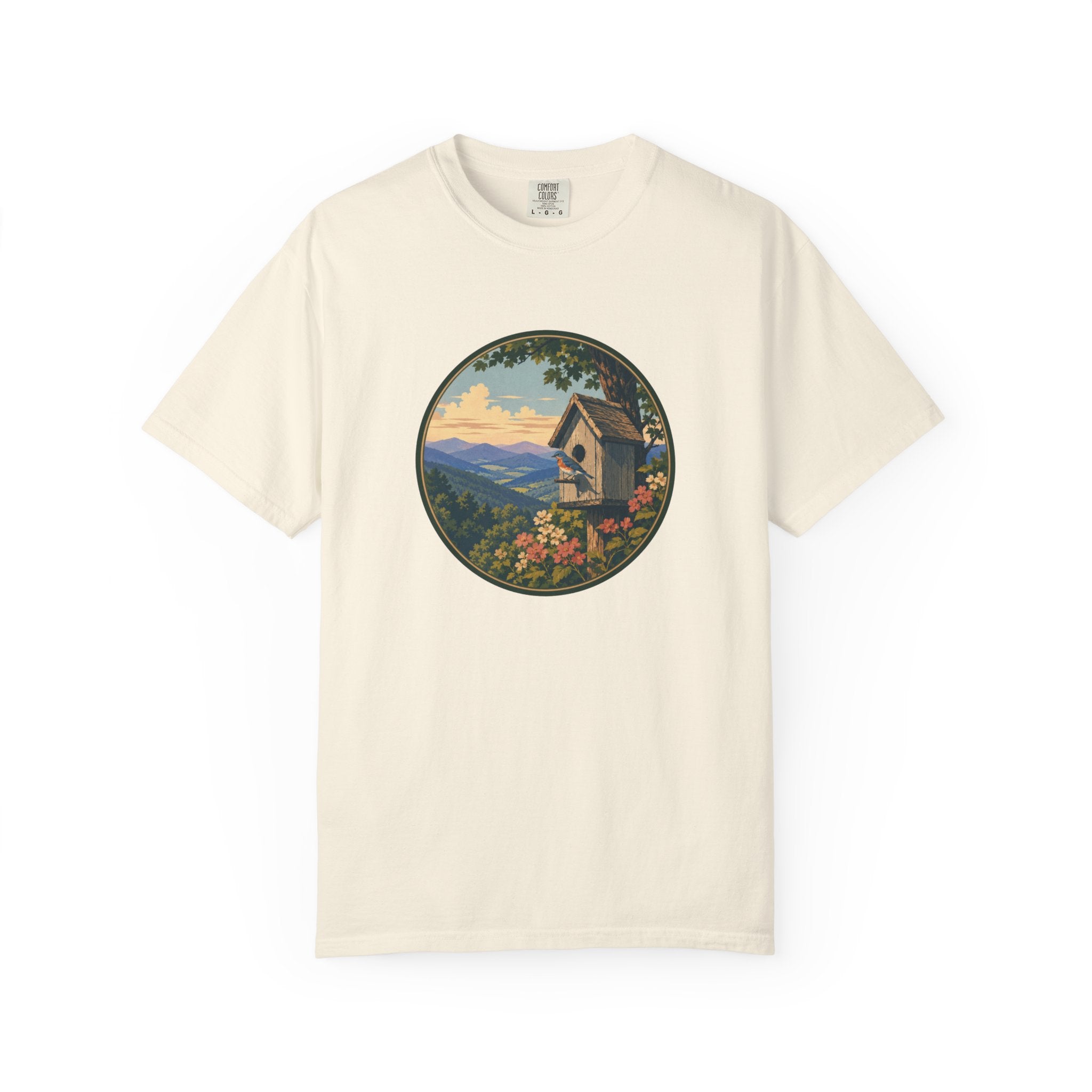 Scenic Birdhouse Tee — Mountain Sunrise Nature T-Shirt