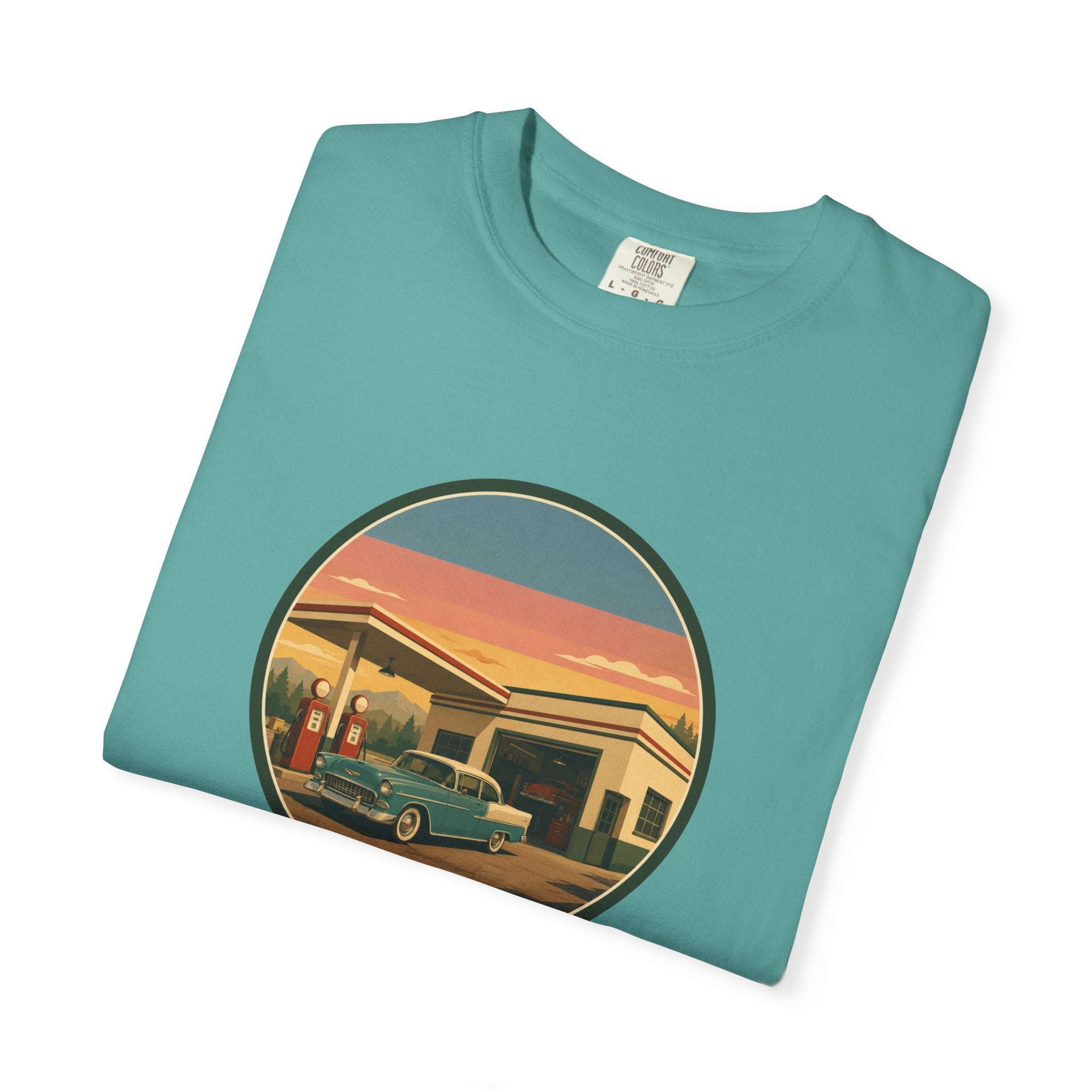 Retro Gas Station T-Shirt — Vintage Sunset Roadside Design