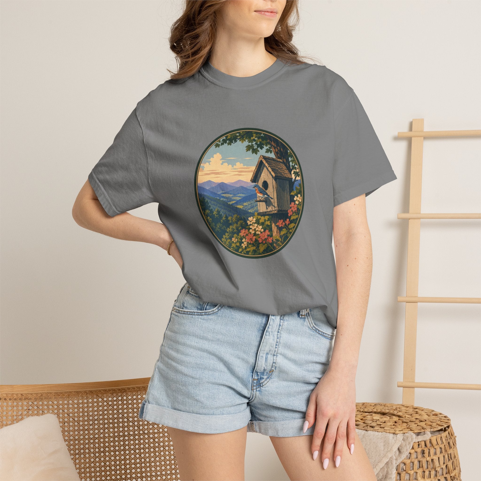 Scenic Birdhouse Tee — Mountain Sunrise Nature T-Shirt