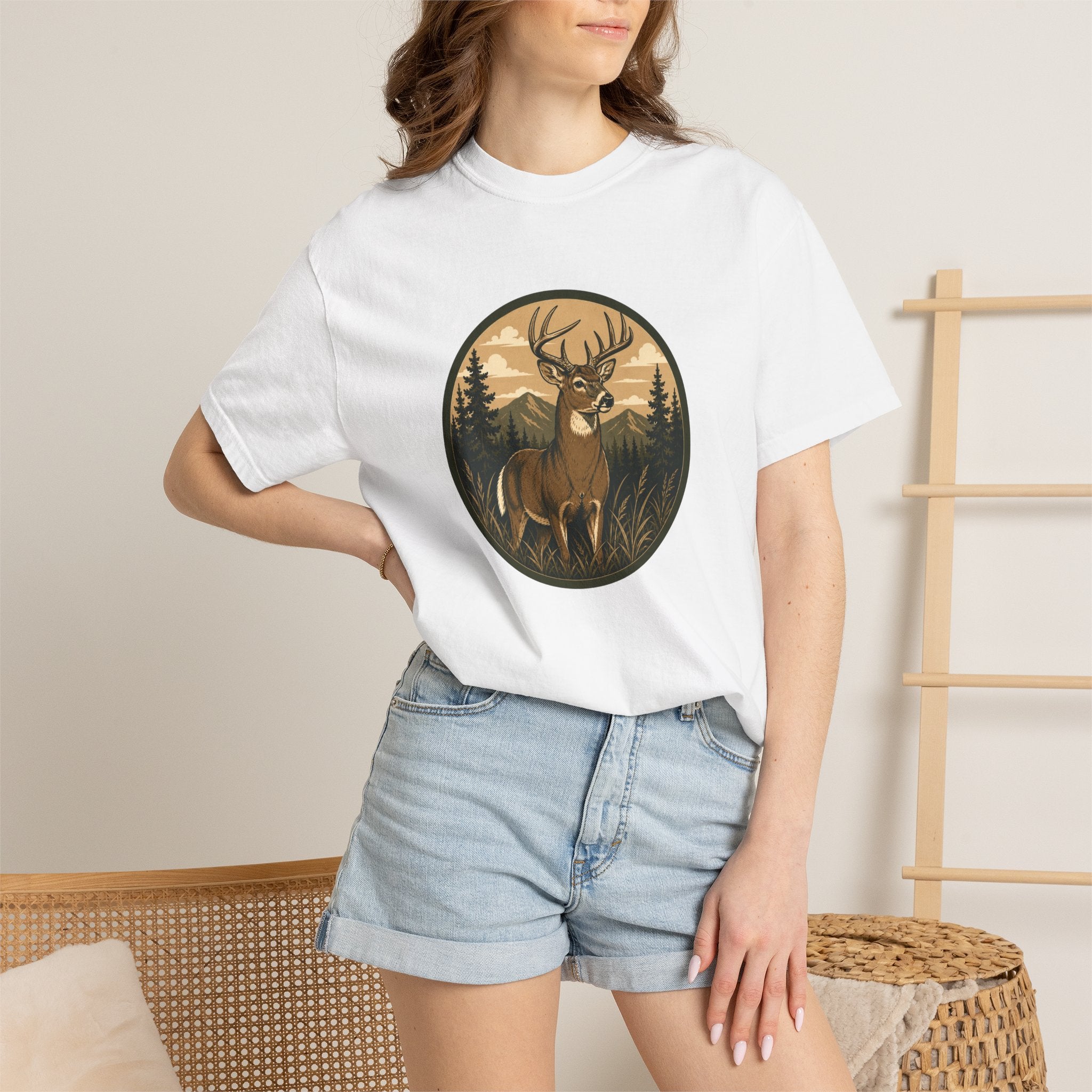 Buck in the Pines T-Shirt — Vintage Deer Forest Graphic Tee