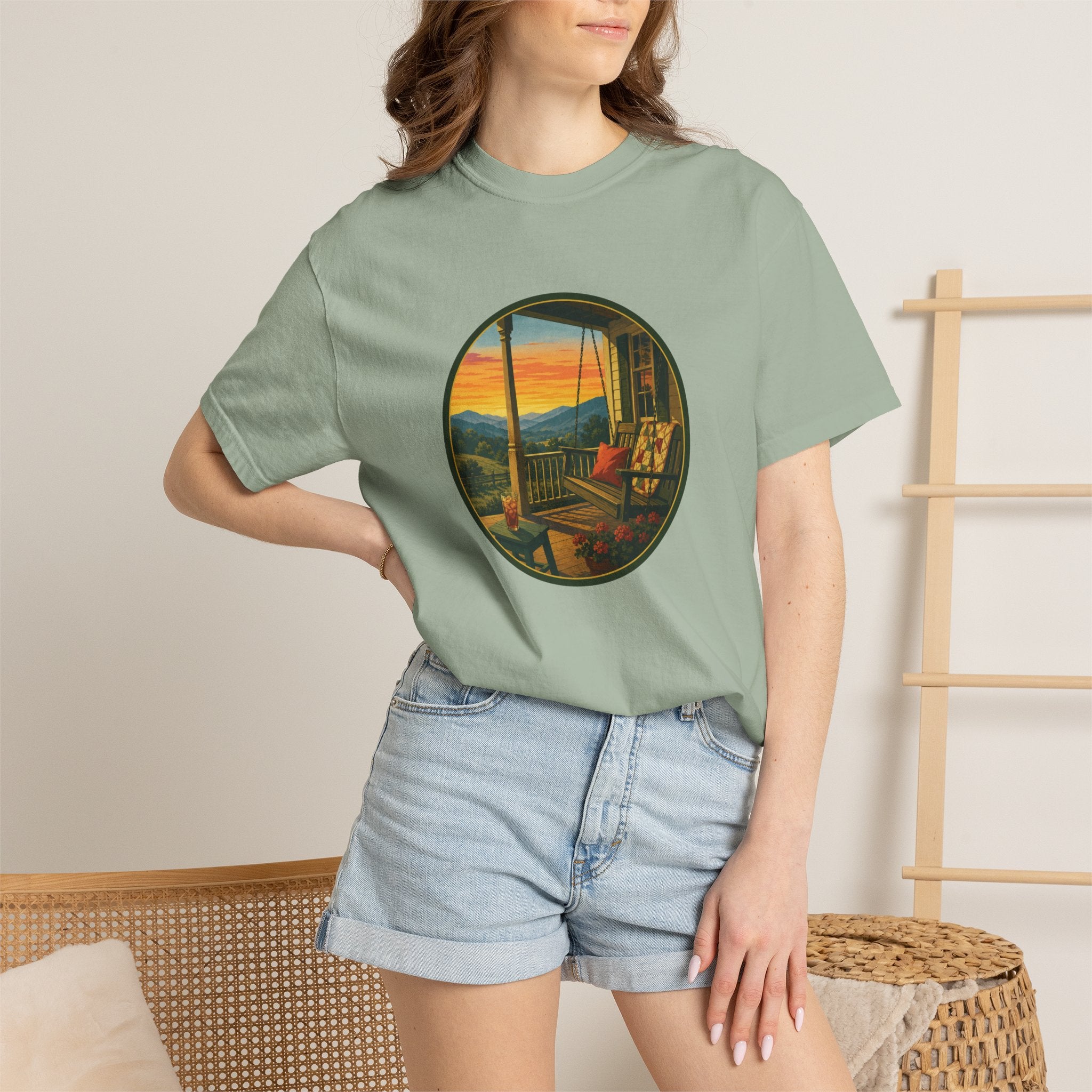 Sunset Porch Circle T-Shirt — Scenic Porch Swing Graphic Tee