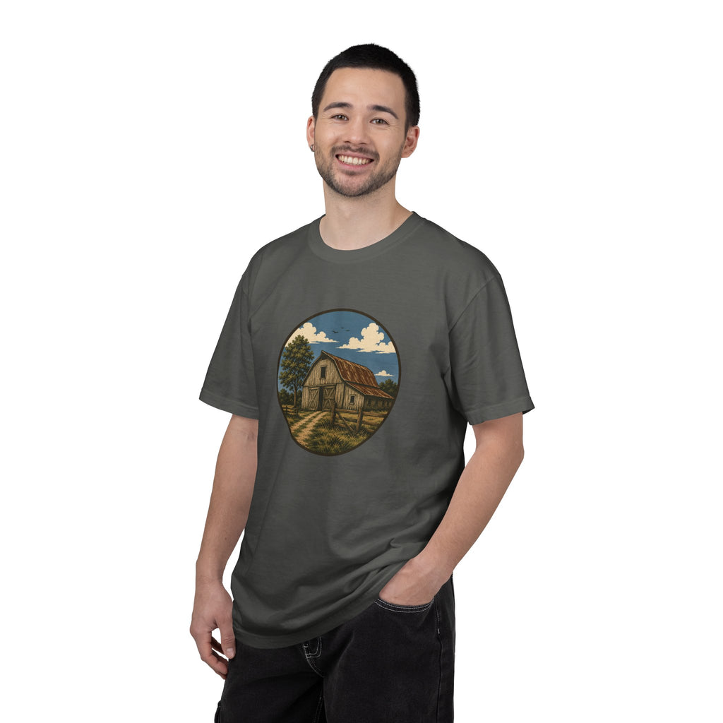 Barn Scene T-Shirt — Rustic Farmhouse Circle Graphic Tee