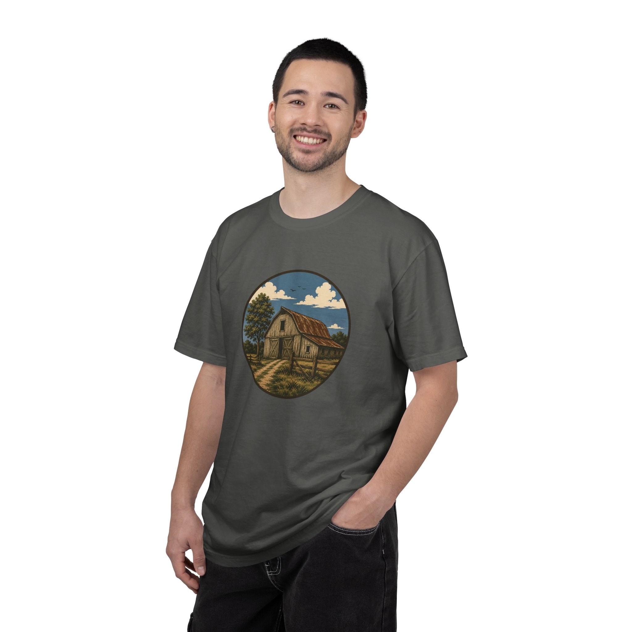 Barn Scene T-Shirt — Rustic Farmhouse Circle Graphic Tee