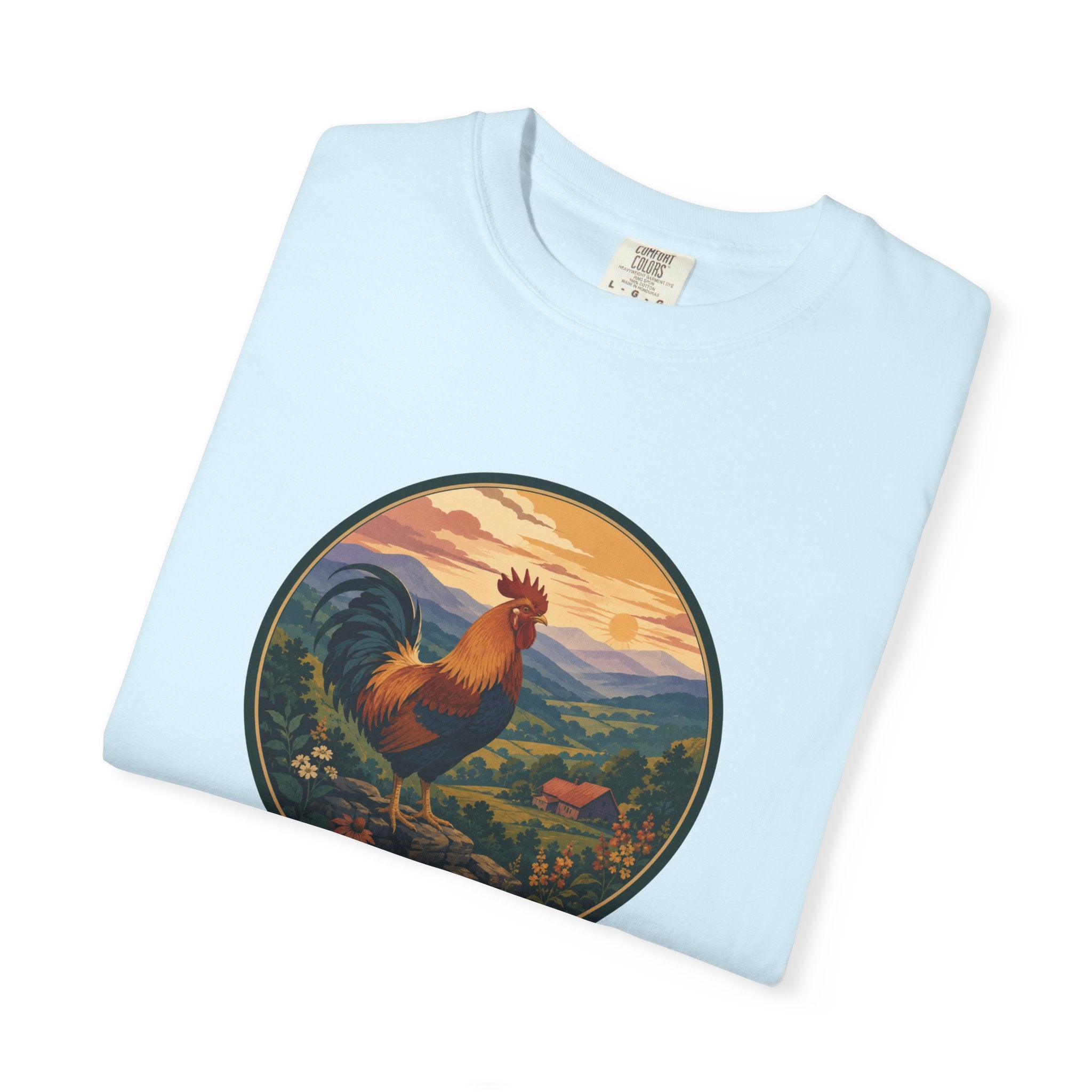 Blue Ridge Rooster Sunrise T-Shirt — Vintage Farm Scene Tee