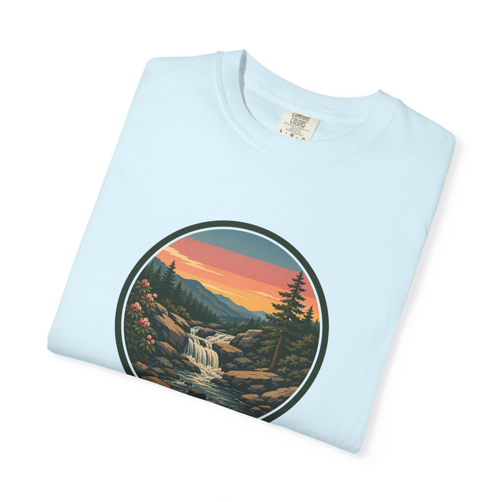 Scenic Waterfall T‑Shirt — Sunset Wilderness Nature Graphic