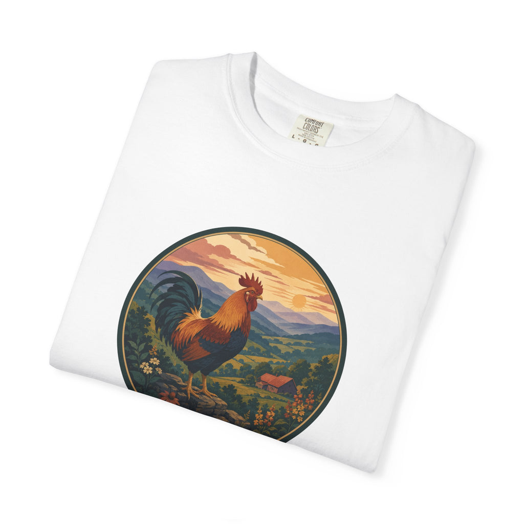 Blue Ridge Rooster Sunrise T-Shirt — Vintage Farm Scene Tee