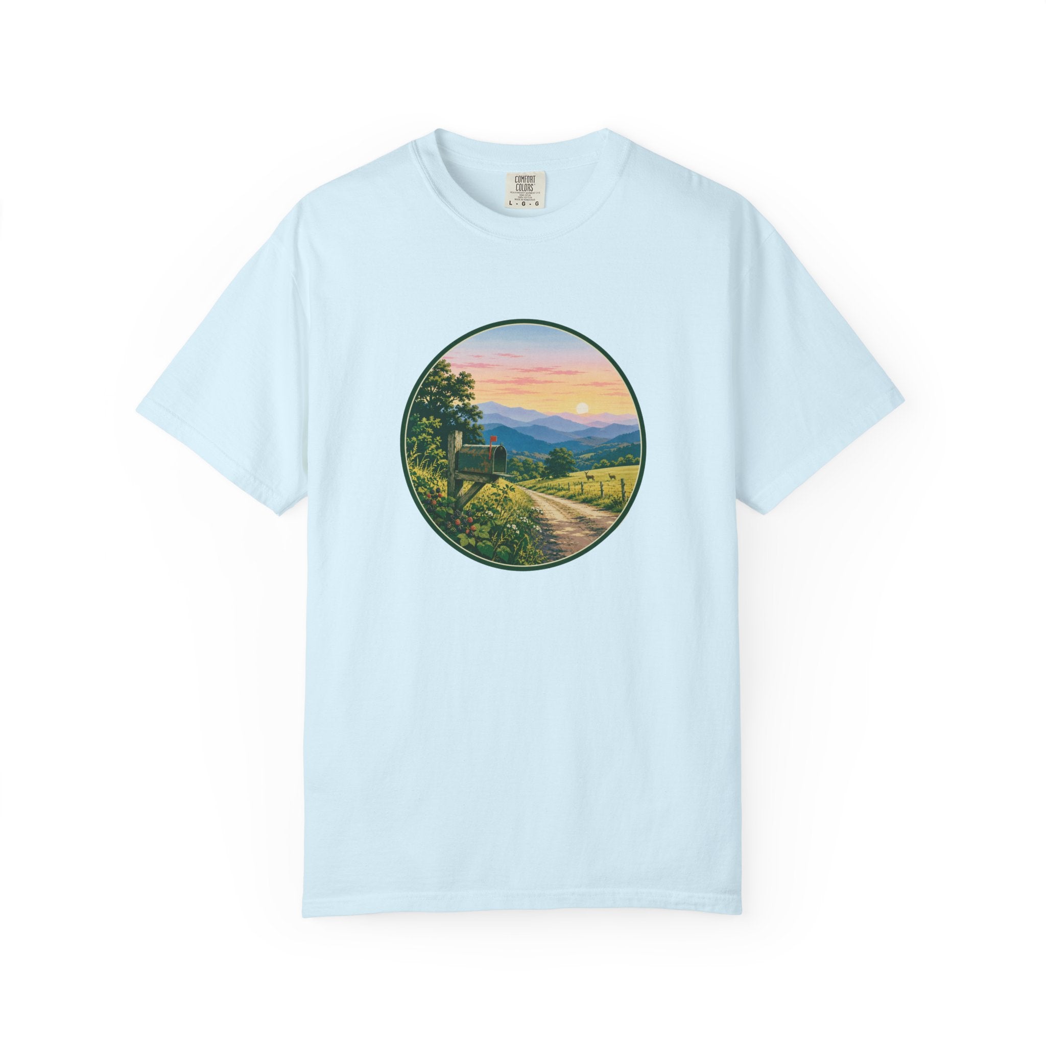 Scenic Backroad Sunset T-Shirt — Vintage Mailbox Circle Landscape Tee