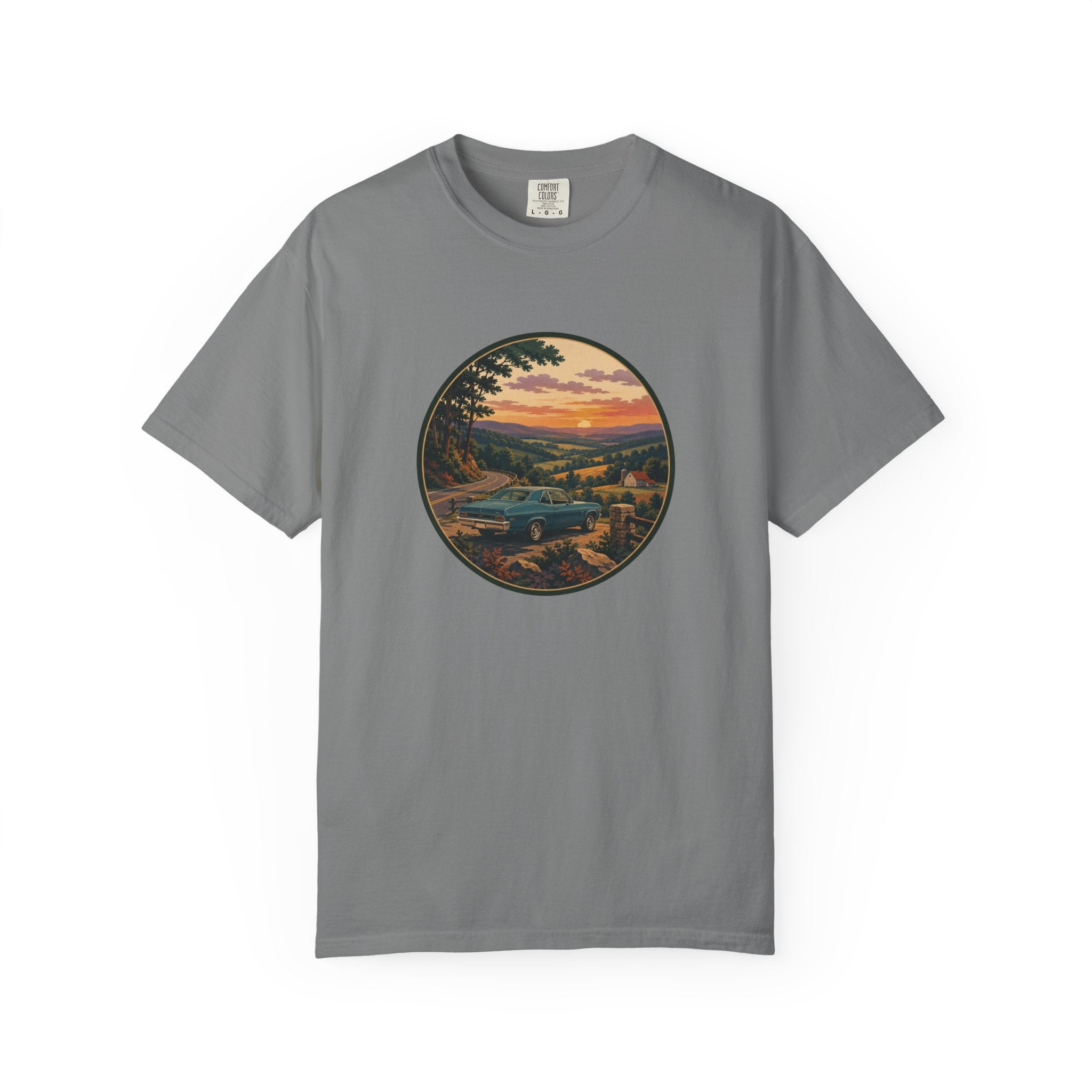 Sunset Valley Classic Car Landscape T-Shirt