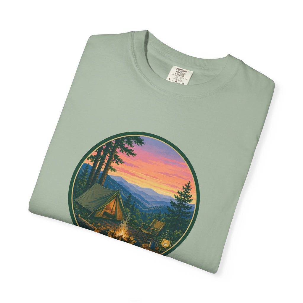 Camping Sunset T-Shirt — Vintage Campfire Scene Tee