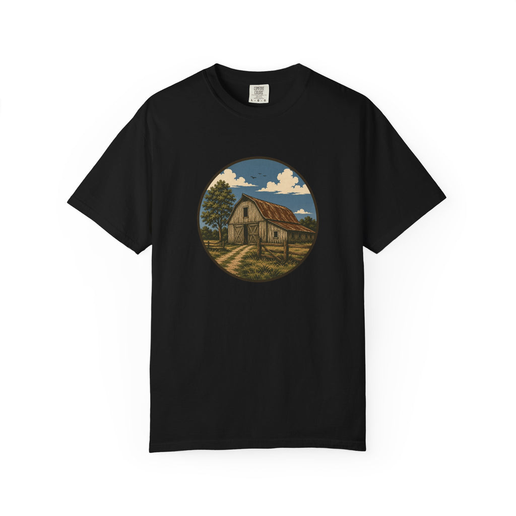 Barn Scene T-Shirt — Rustic Farmhouse Circle Graphic Tee