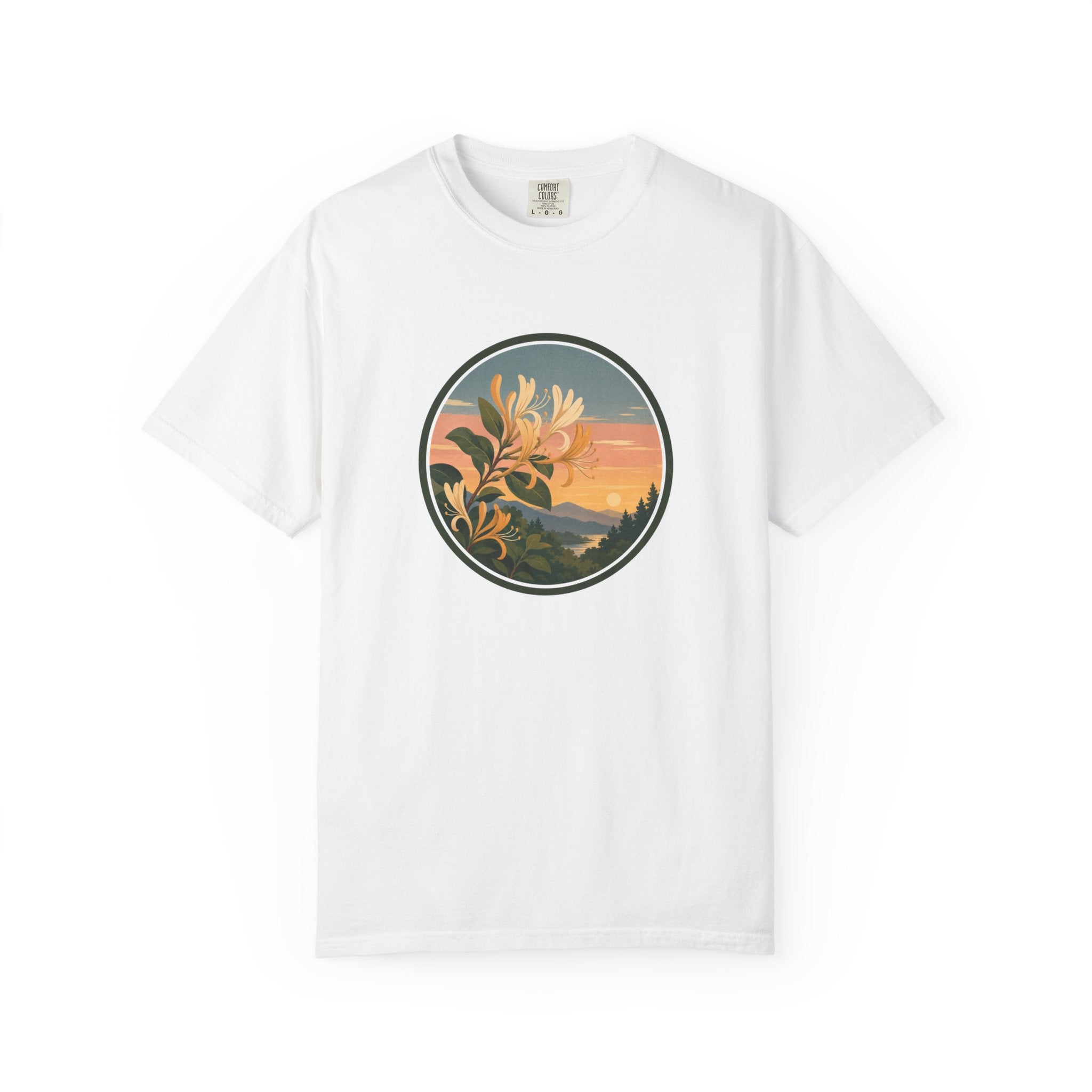 Sunset Honeysuckle T-Shirt — Floral Sunset Circle Graphic Tee