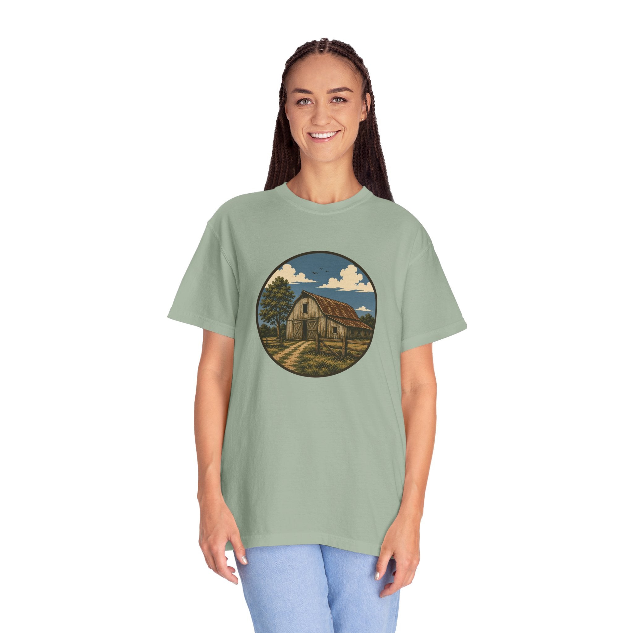 Barn Scene T-Shirt — Rustic Farmhouse Circle Graphic Tee