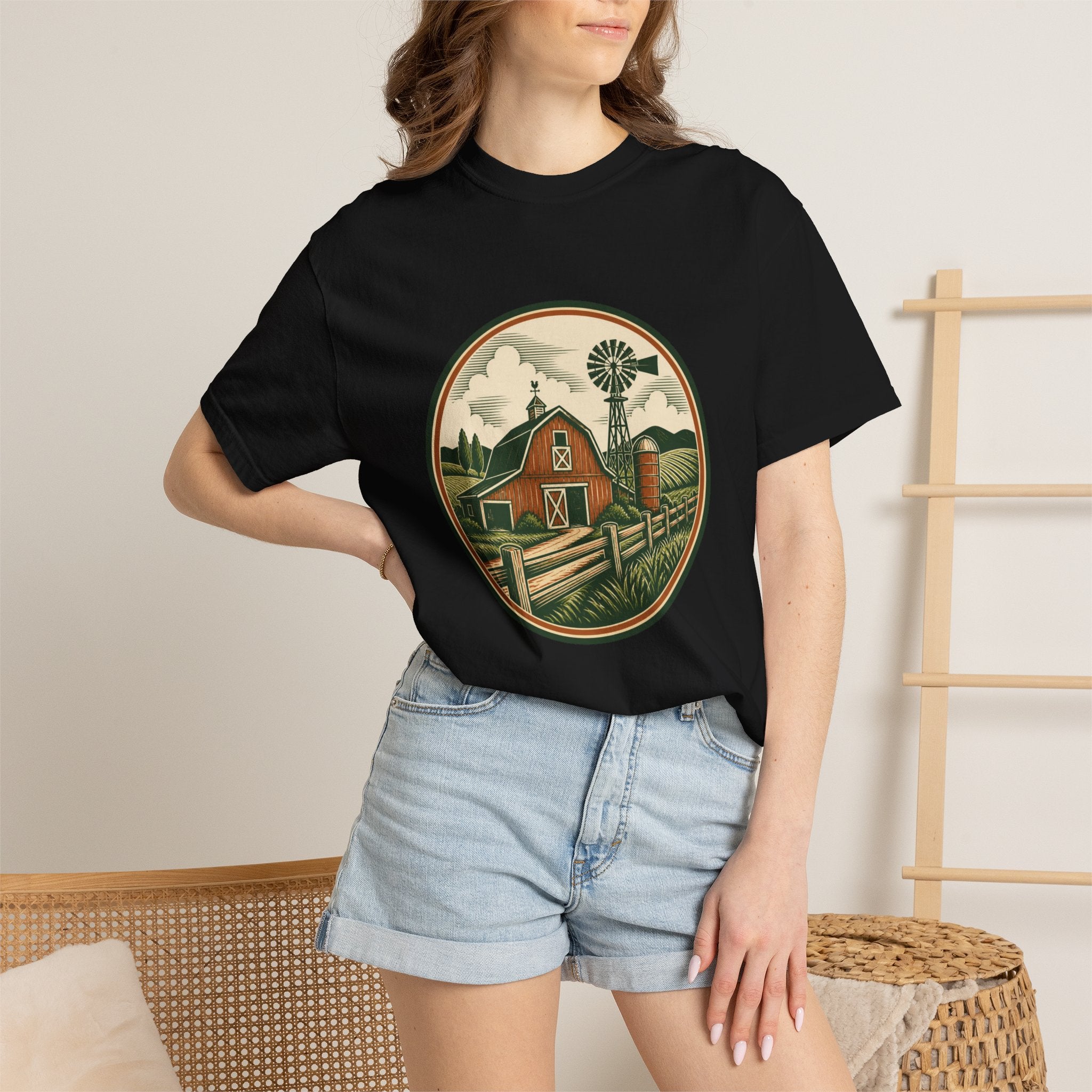 Barn & Windmill Farm T-Shirt — Vintage Rural Landscape Tee