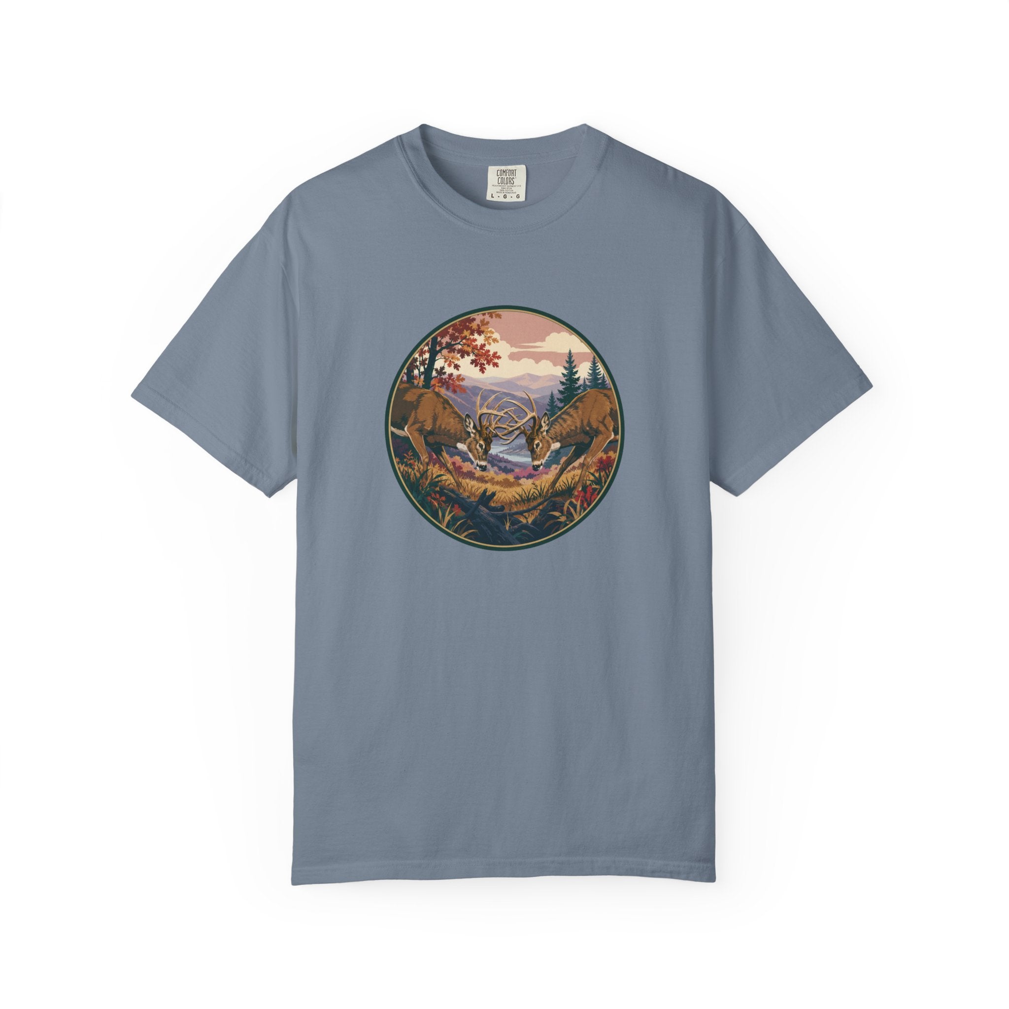 Scenic Wilderness Circle T-Shirt — Mountain Camping & Deer Nature Graphic