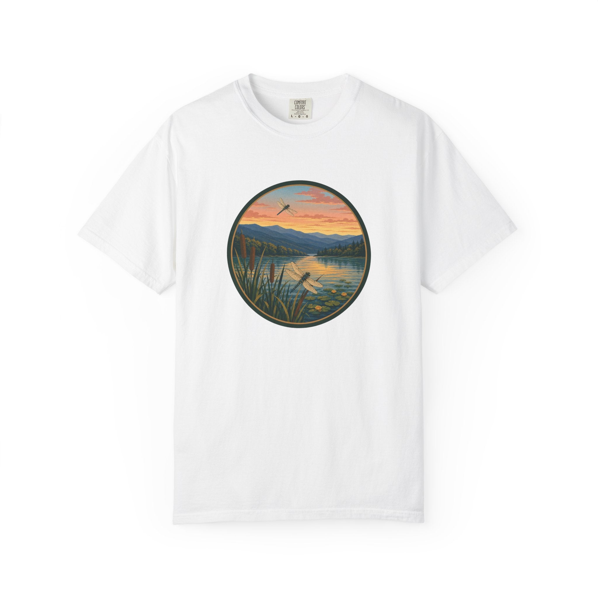 Dragonfly Sunset Lake Scene T-Shirt — Scenic Mountain Nature Tee