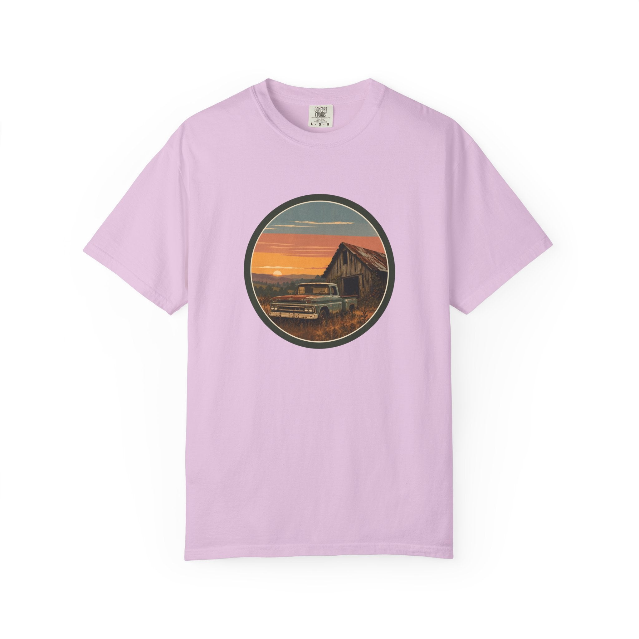 Vintage Sunset Barn T-Shirt — Retro Truck Farm Scene