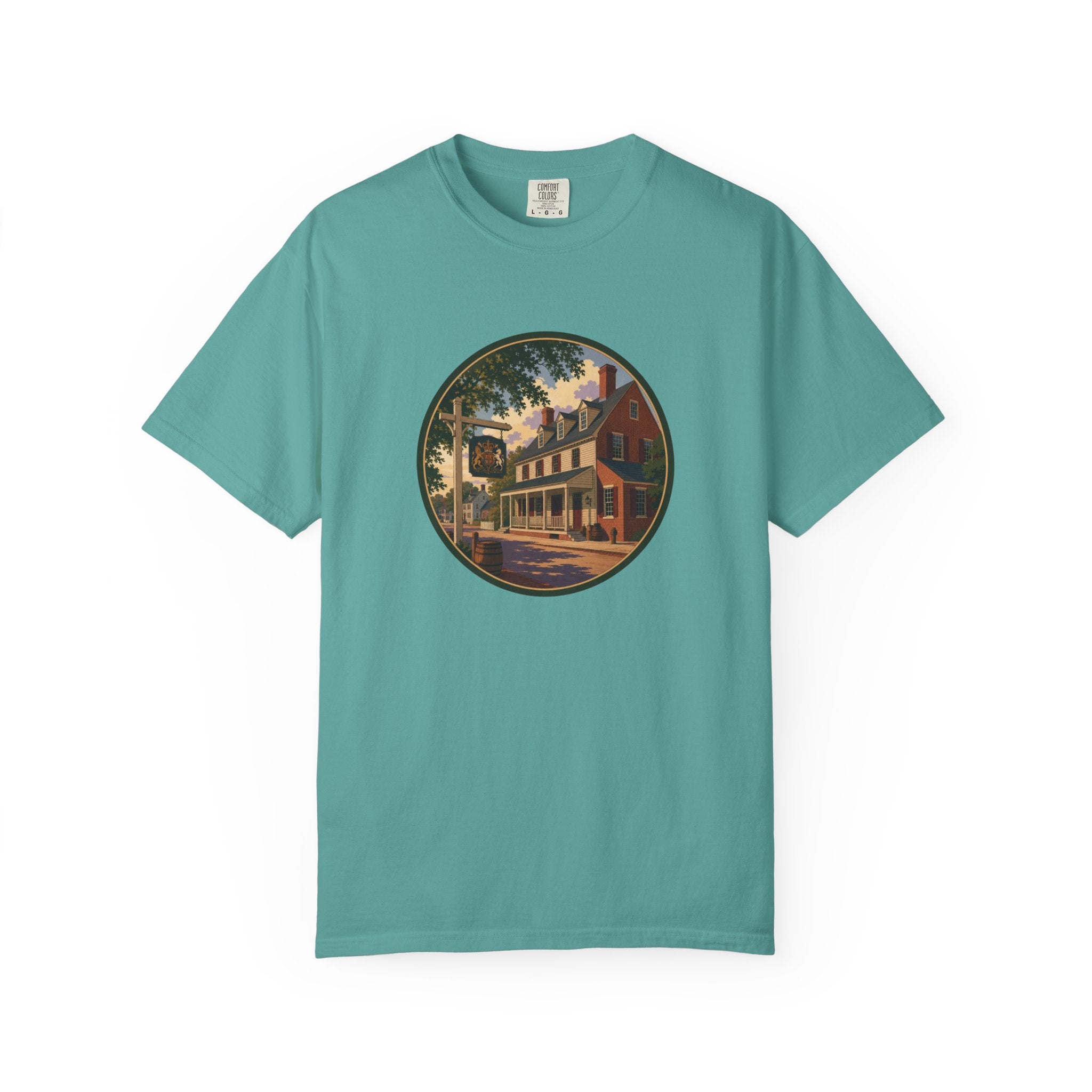 Historic Main Street Tavern T-Shirt — Colonial Village Scene Tee