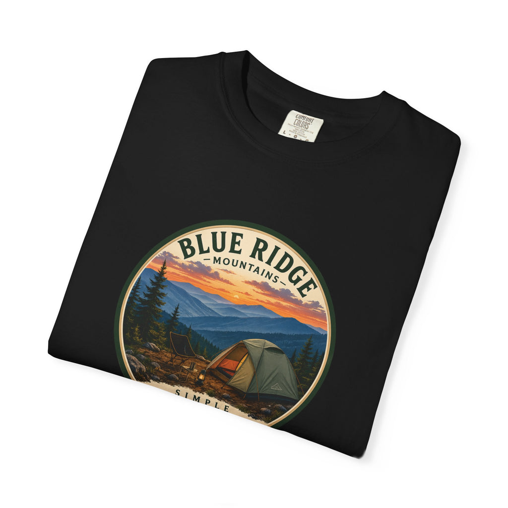 Blue Ridge Mountains Camping T-Shirt — Vintage Scenic Camp Graphic