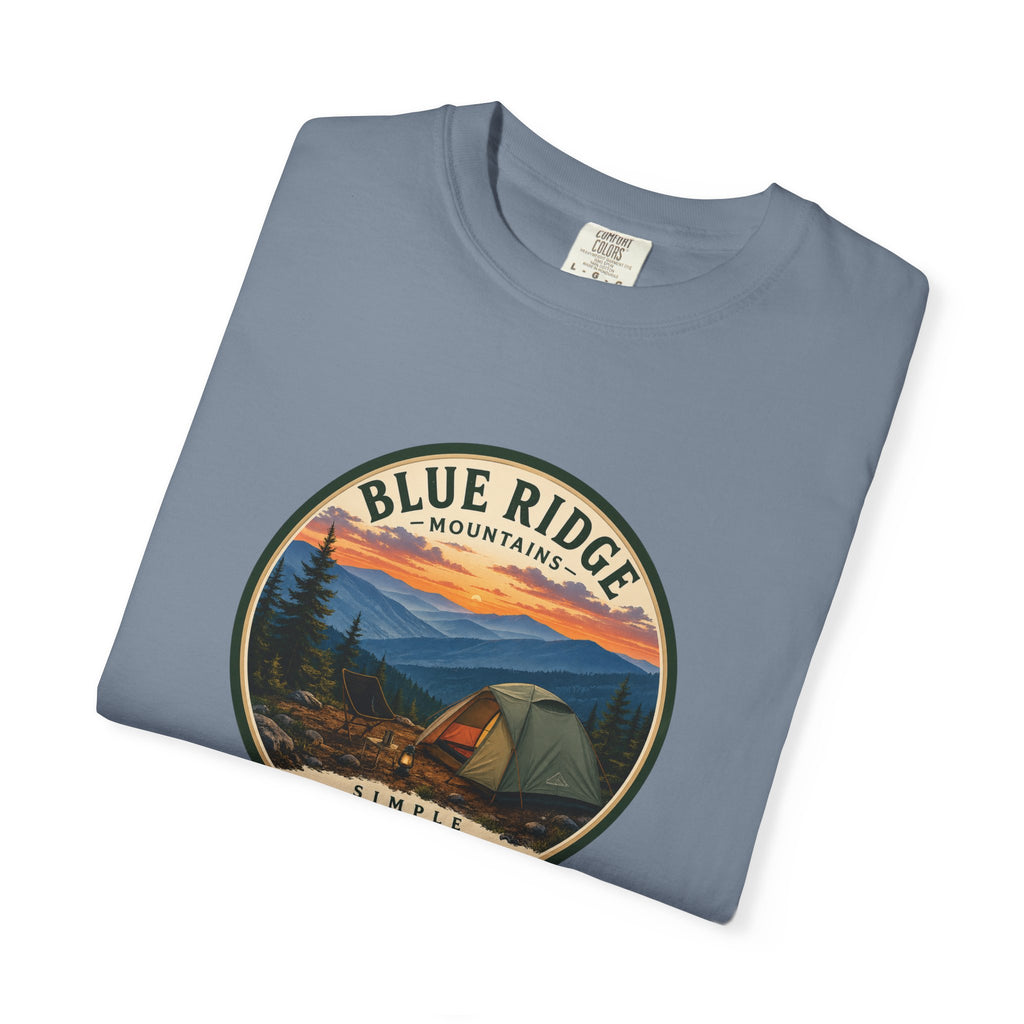 Blue Ridge Mountains Camping T-Shirt — Vintage Scenic Camp Graphic
