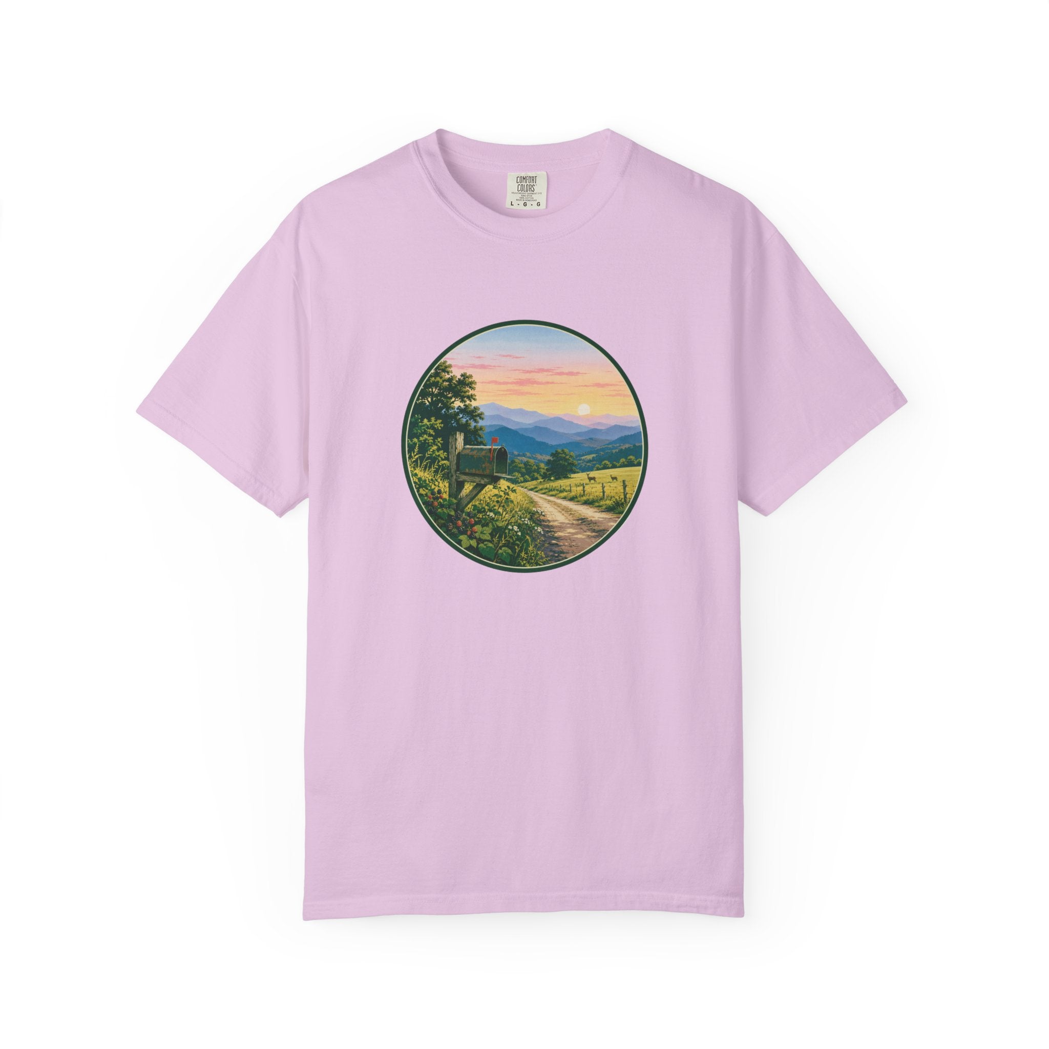 Scenic Backroad Sunset T-Shirt — Vintage Mailbox Circle Landscape Tee