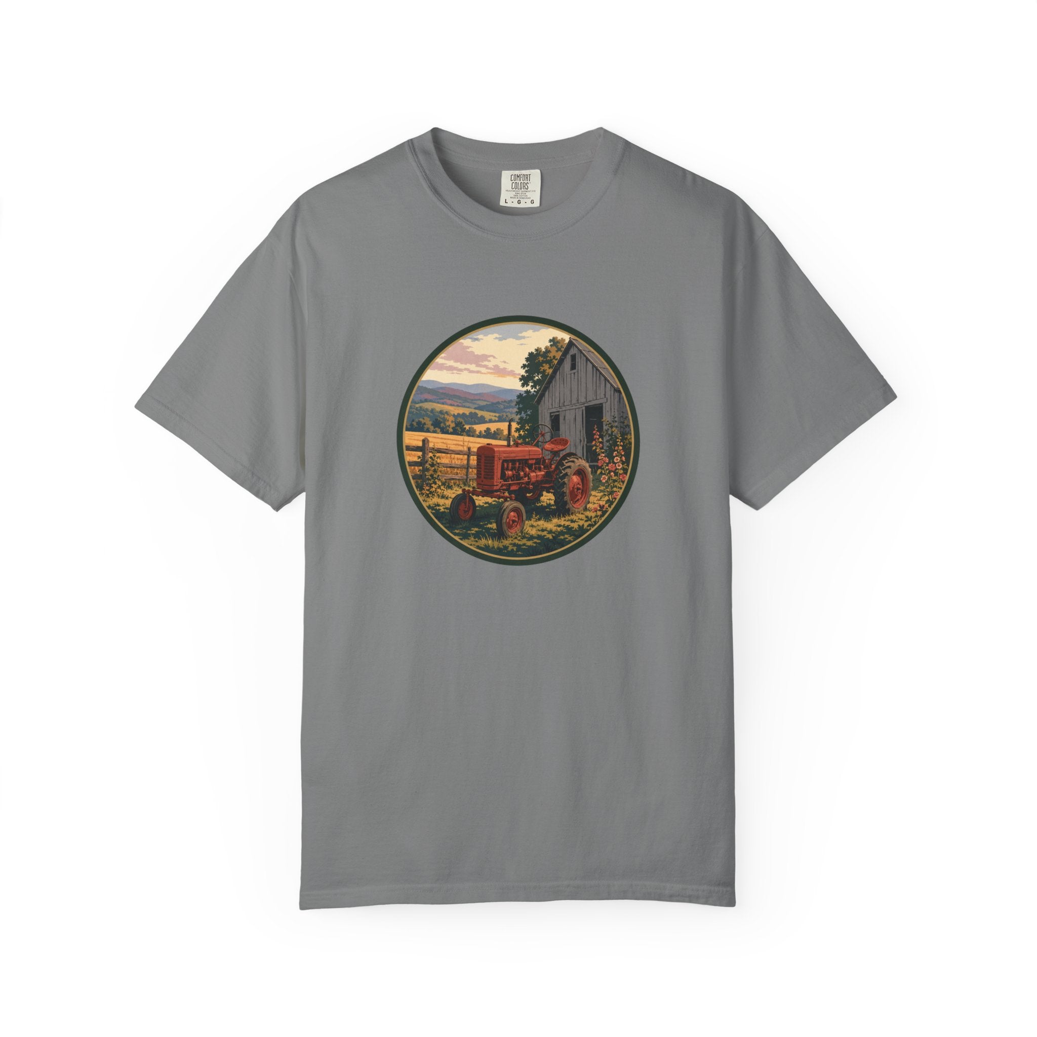 Vintage Farm Tractor T-Shirt — Rustic Barnyard Sunset Graphic Tee
