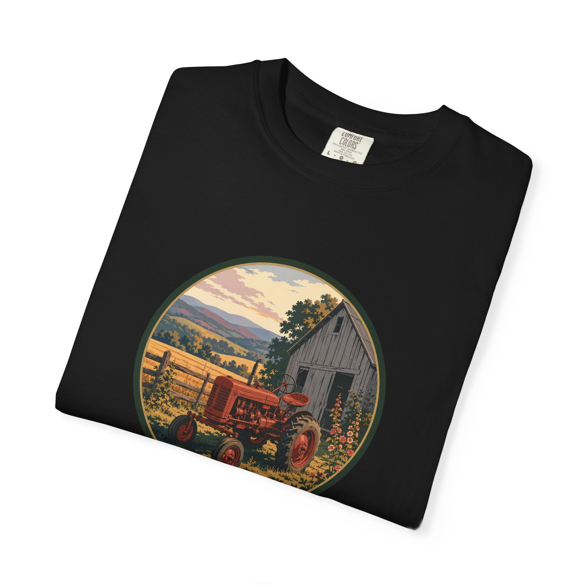 Vintage Farm Tractor T-Shirt — Rustic Barnyard Sunset Graphic Tee