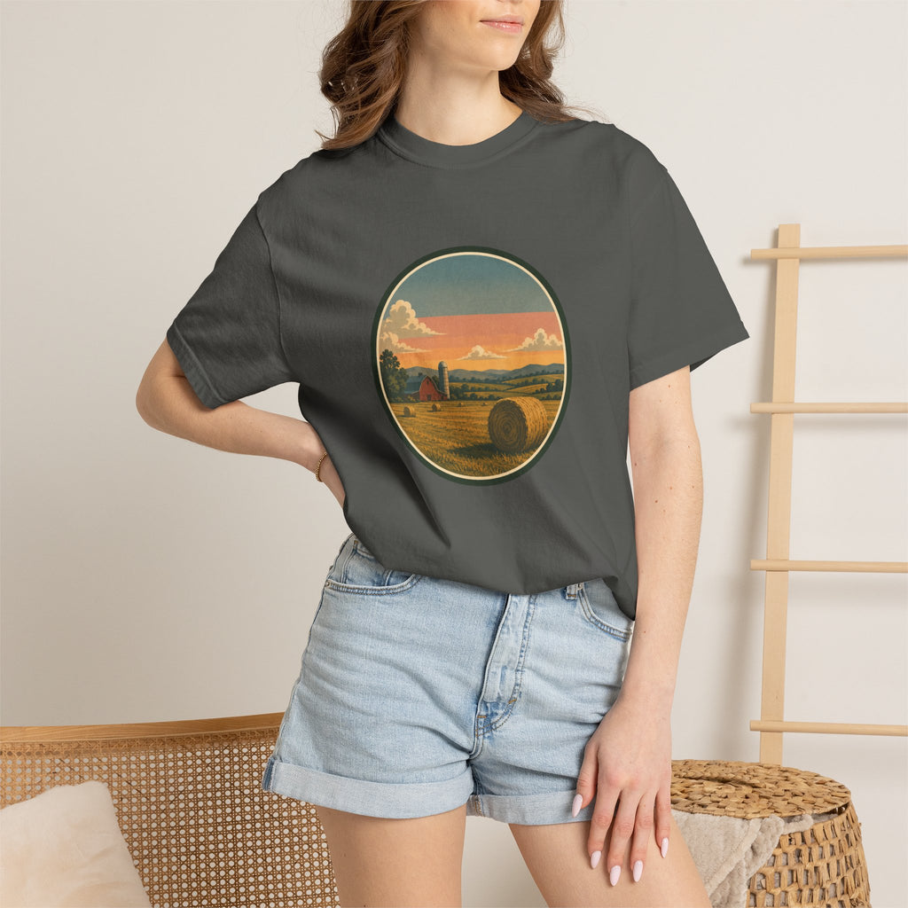 Sunset Hayfield T-Shirt — Vintage Farm Landscape Tee