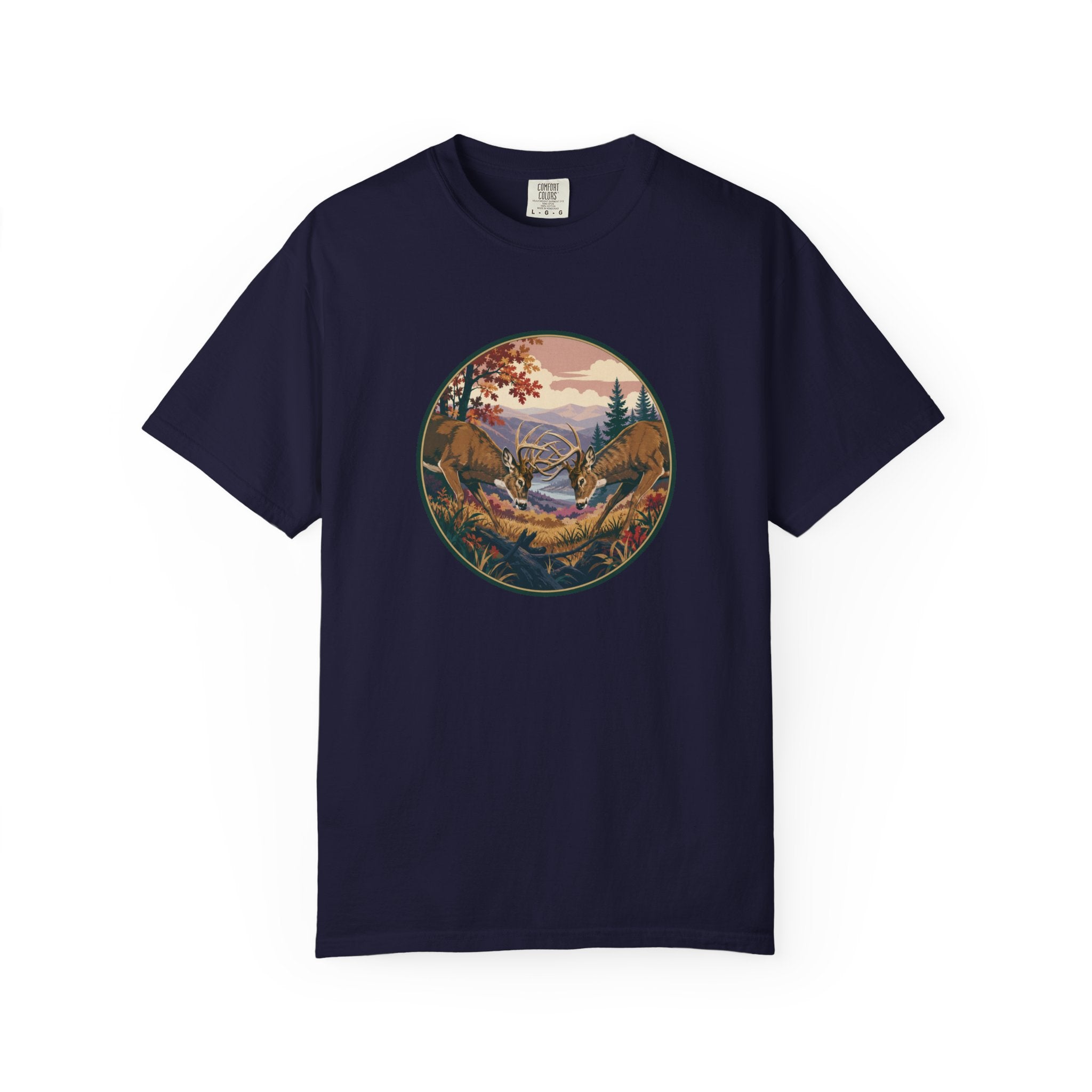 Scenic Wilderness Circle T-Shirt — Mountain Camping & Deer Nature Graphic